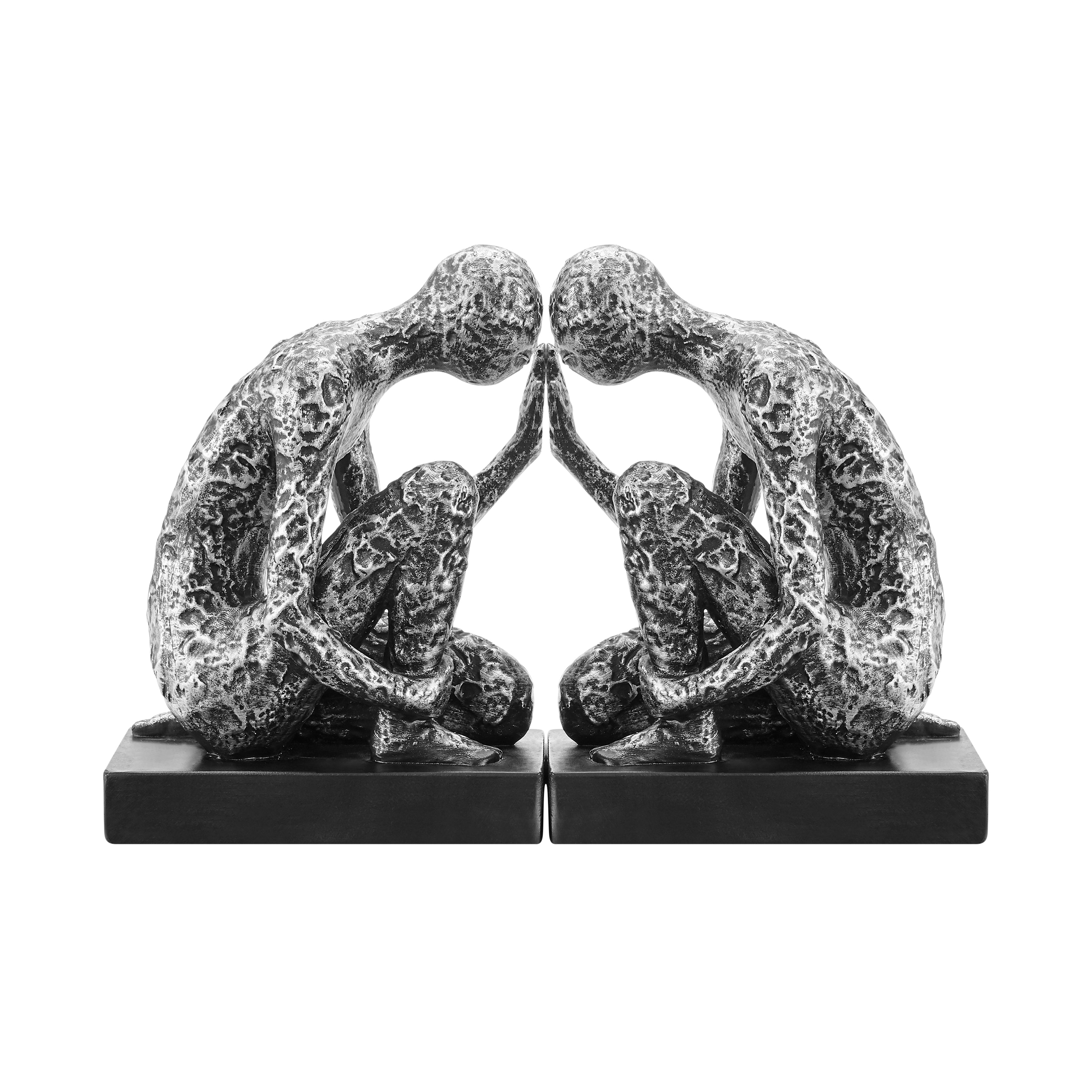 Danya B. Kneeling Figure Sculptures Polyresin Silver and Black Finish Bookend Set of 2