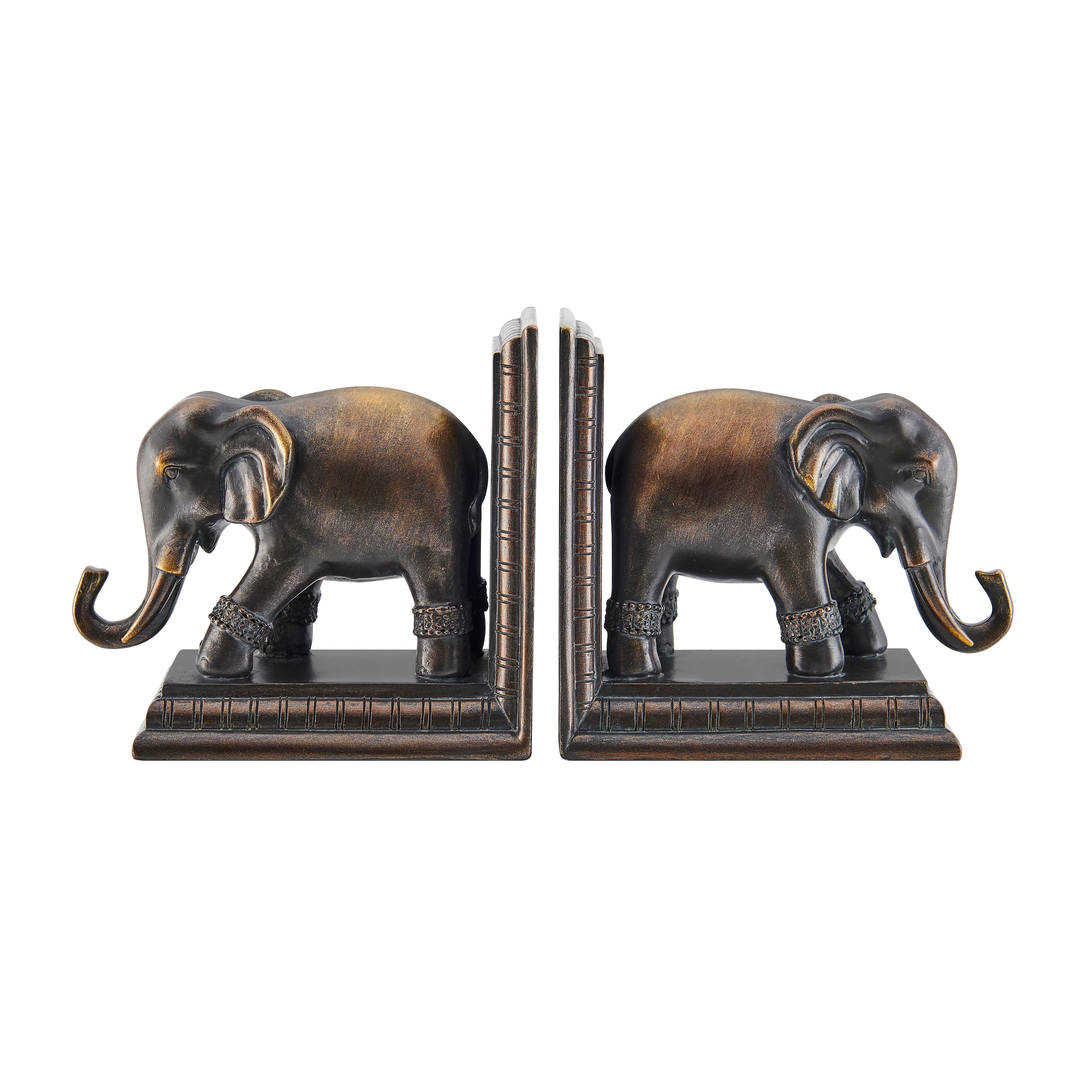 Danya B. Ornate Elephants Polyresin Bronze Patina Finish Bookend Set of 2