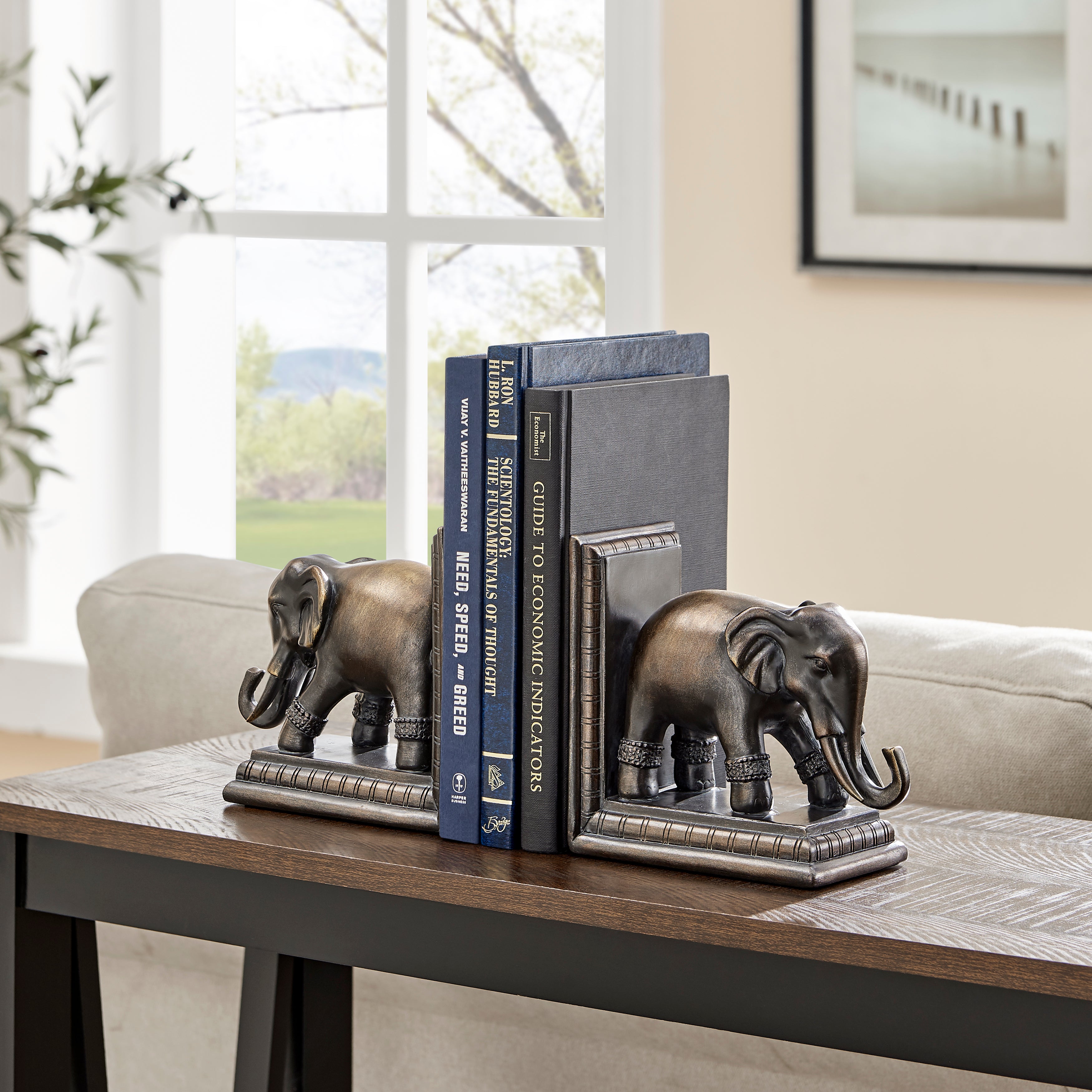 Danya B. Ornate Elephants Polyresin Bronze Patina Finish Bookend Set of 2