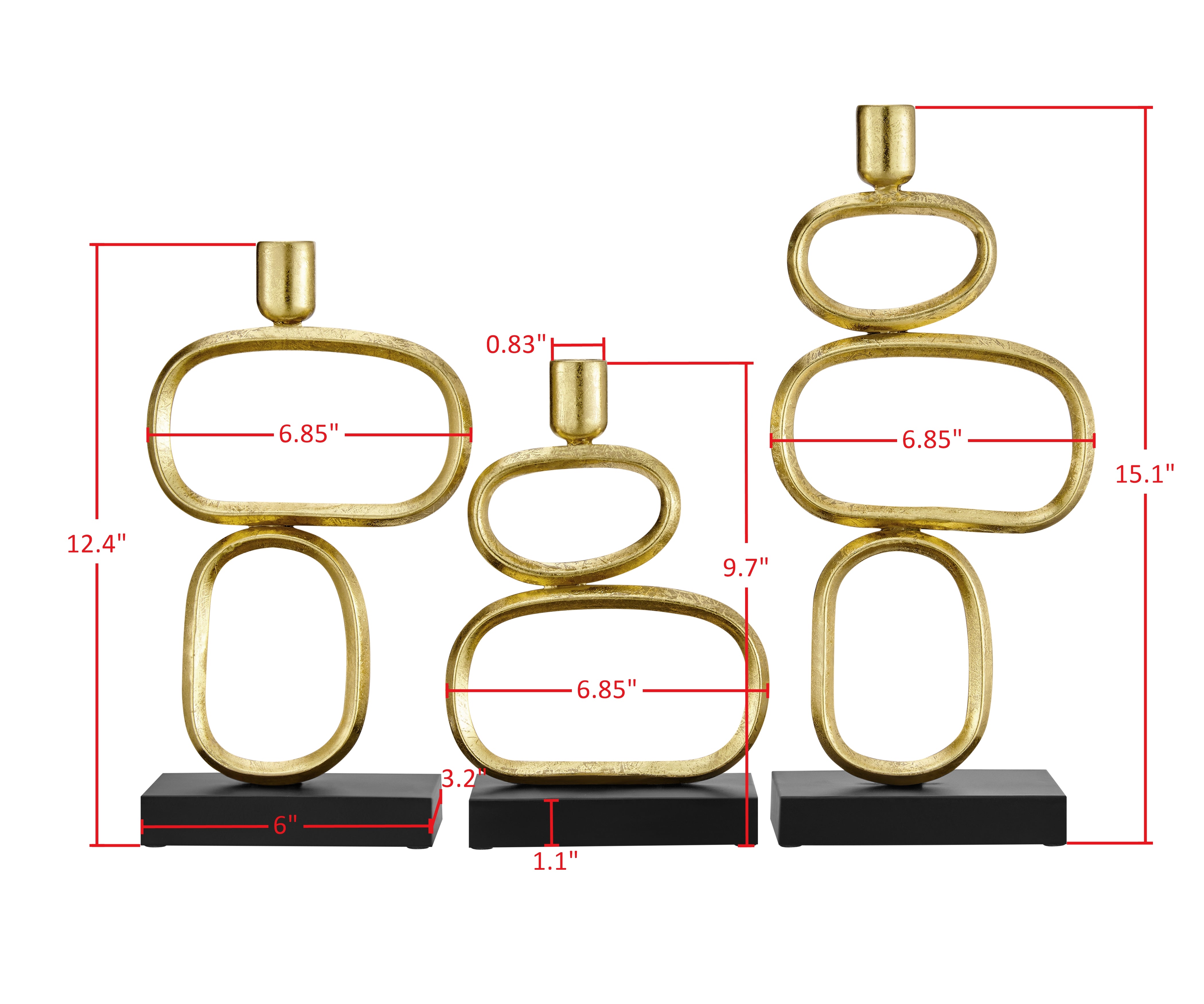 Eduardo Midcentury Modern Geometric Sculpted Gold and Black Candlestick Candle Holders - Set of 3