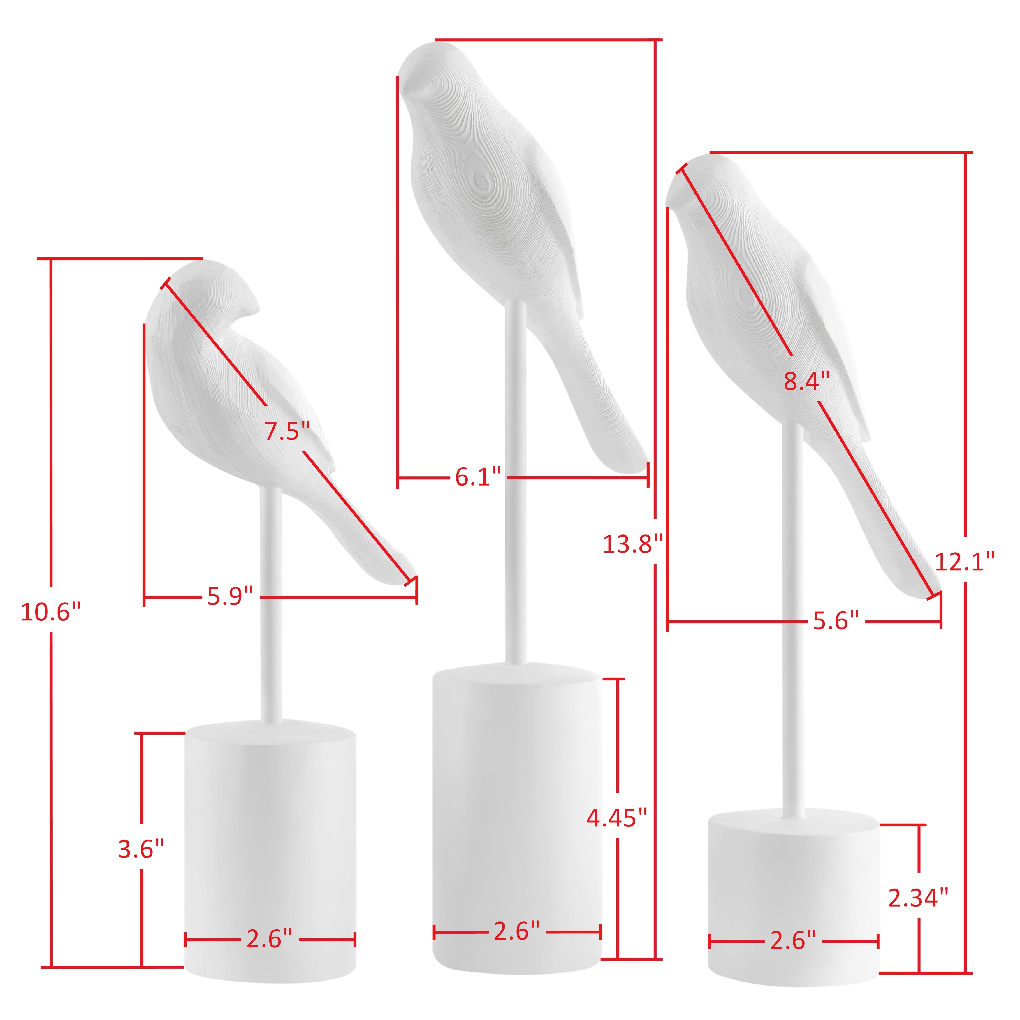 Ren Bird Perched White Ornament Decorative Accent Sculpture Figurines - Set of 3