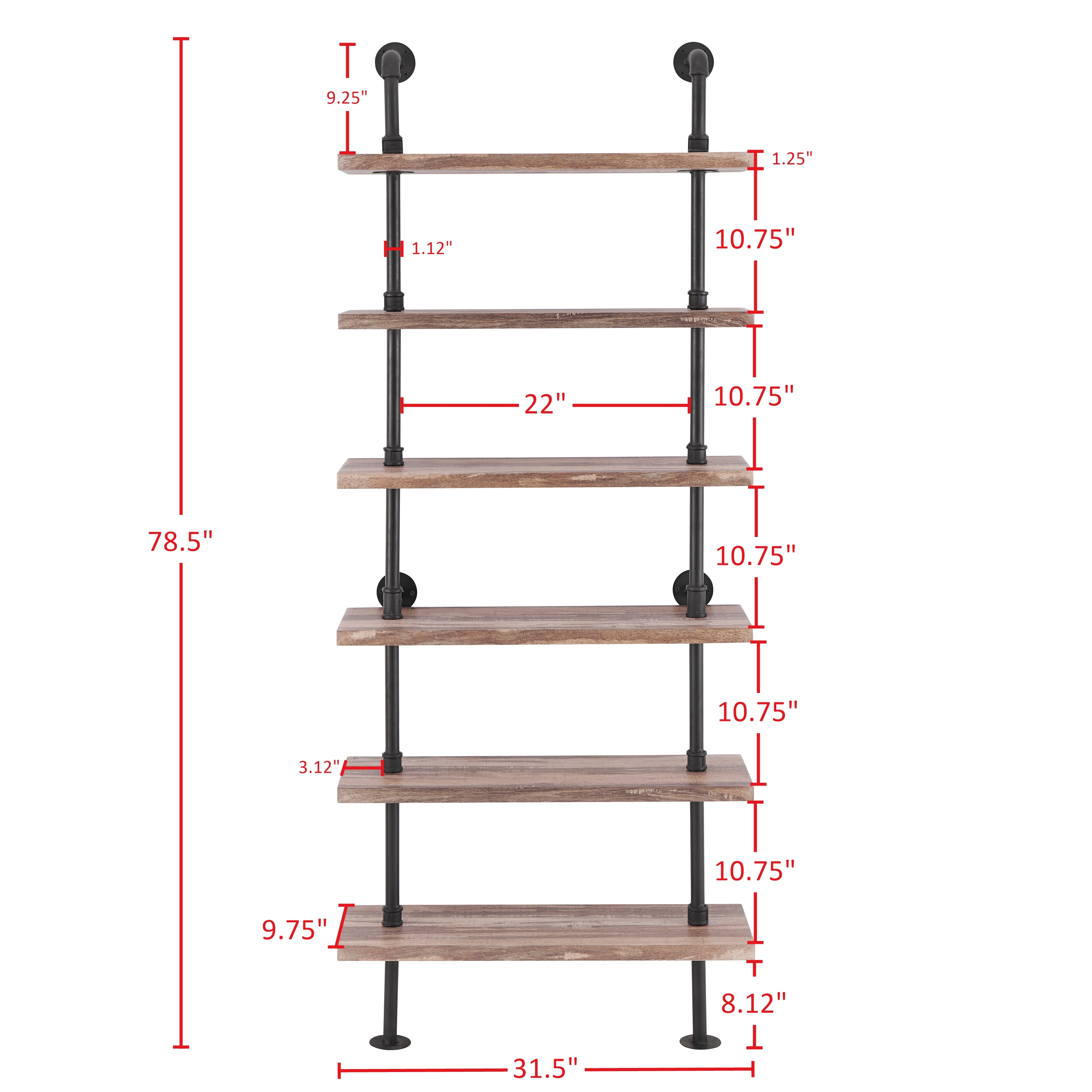 Industrial Modern Rustic 6-Tier Iron Pipe Wall Mount Ladder Shelving Unit in Distressed Wood Finish