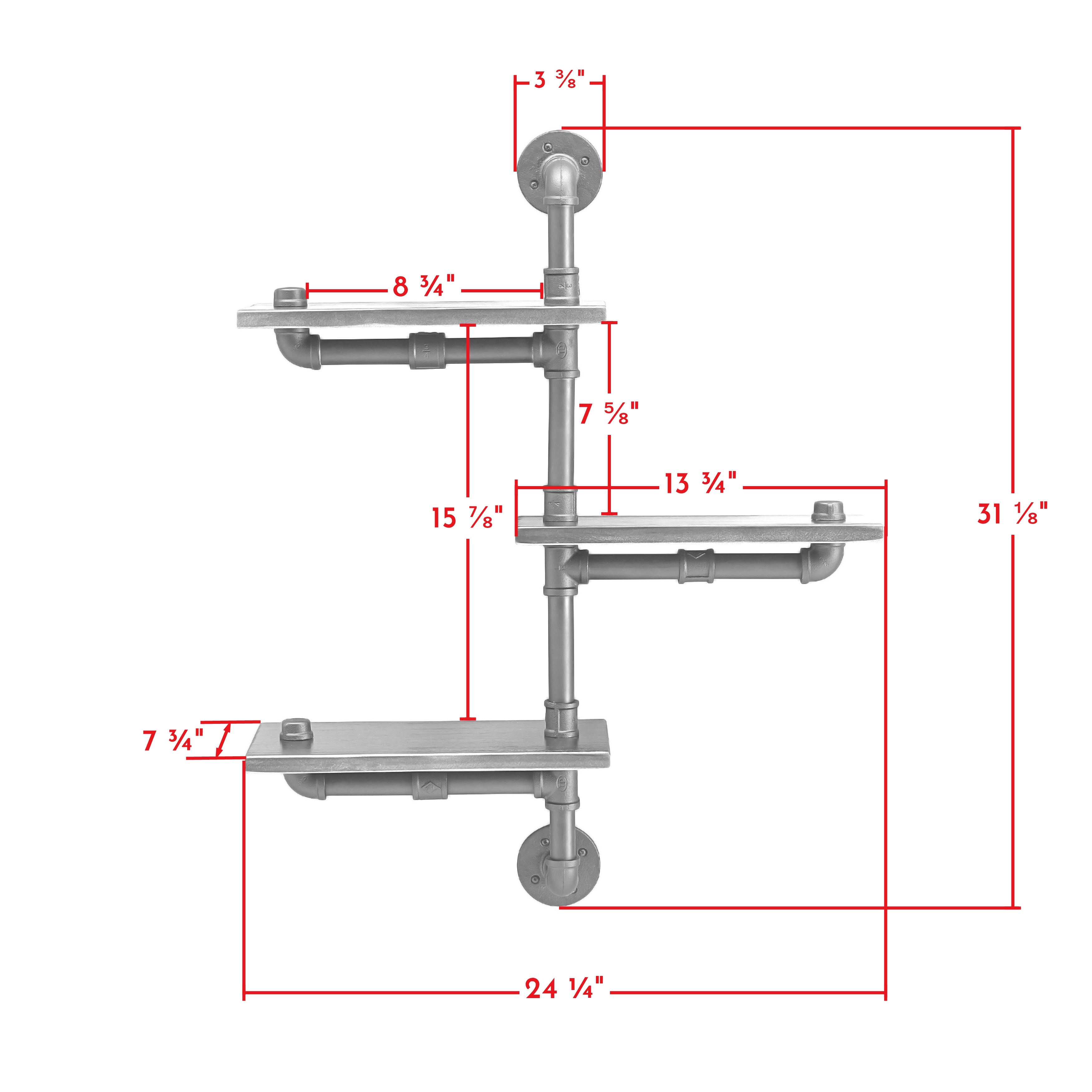 3-Tier Vertical Floating Staggered Industrial Rustic Pipe Wall Mount Shelving Unit