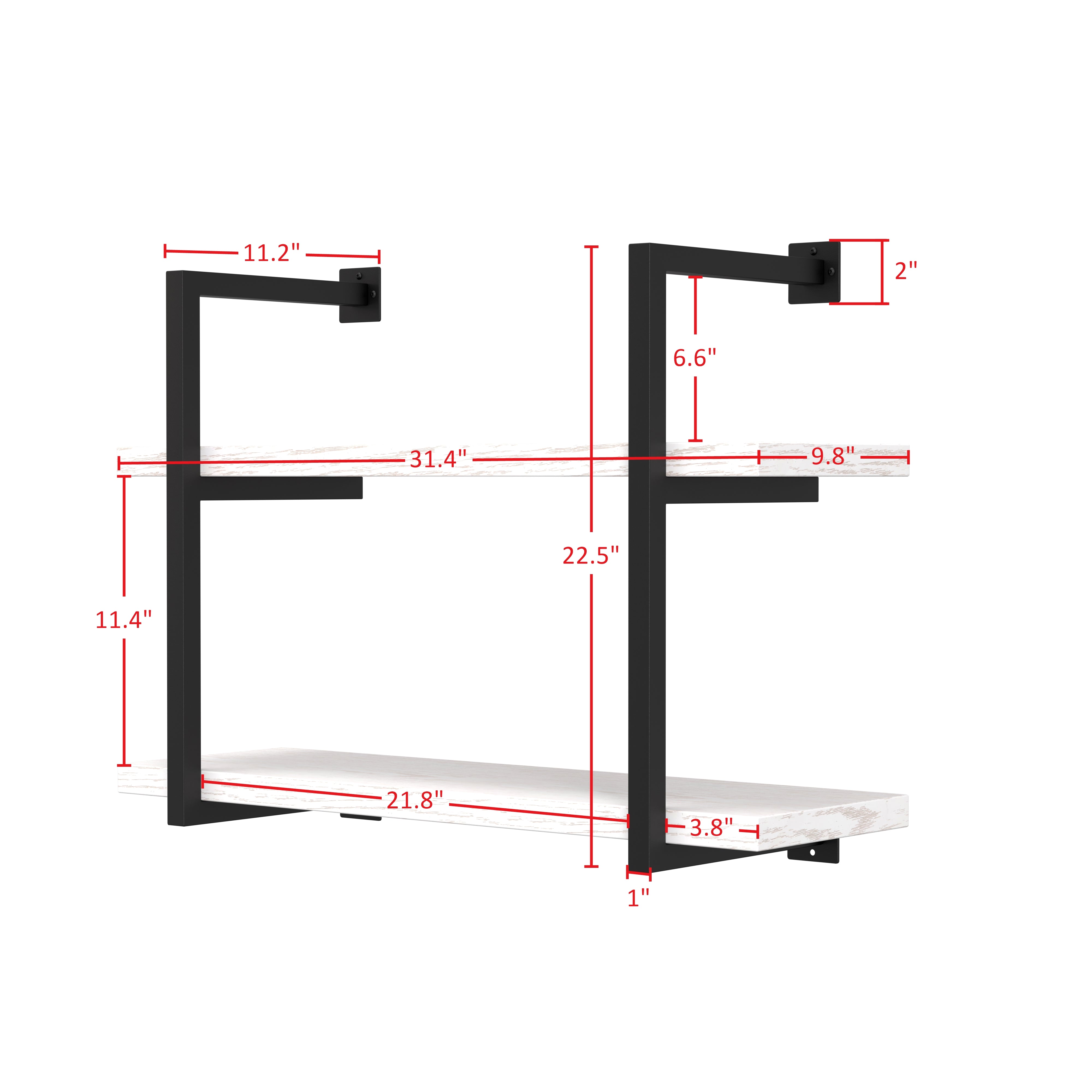Modern 2-Tier Hanging Bracket Wall Shelves in Black Metal and White Birch Finish