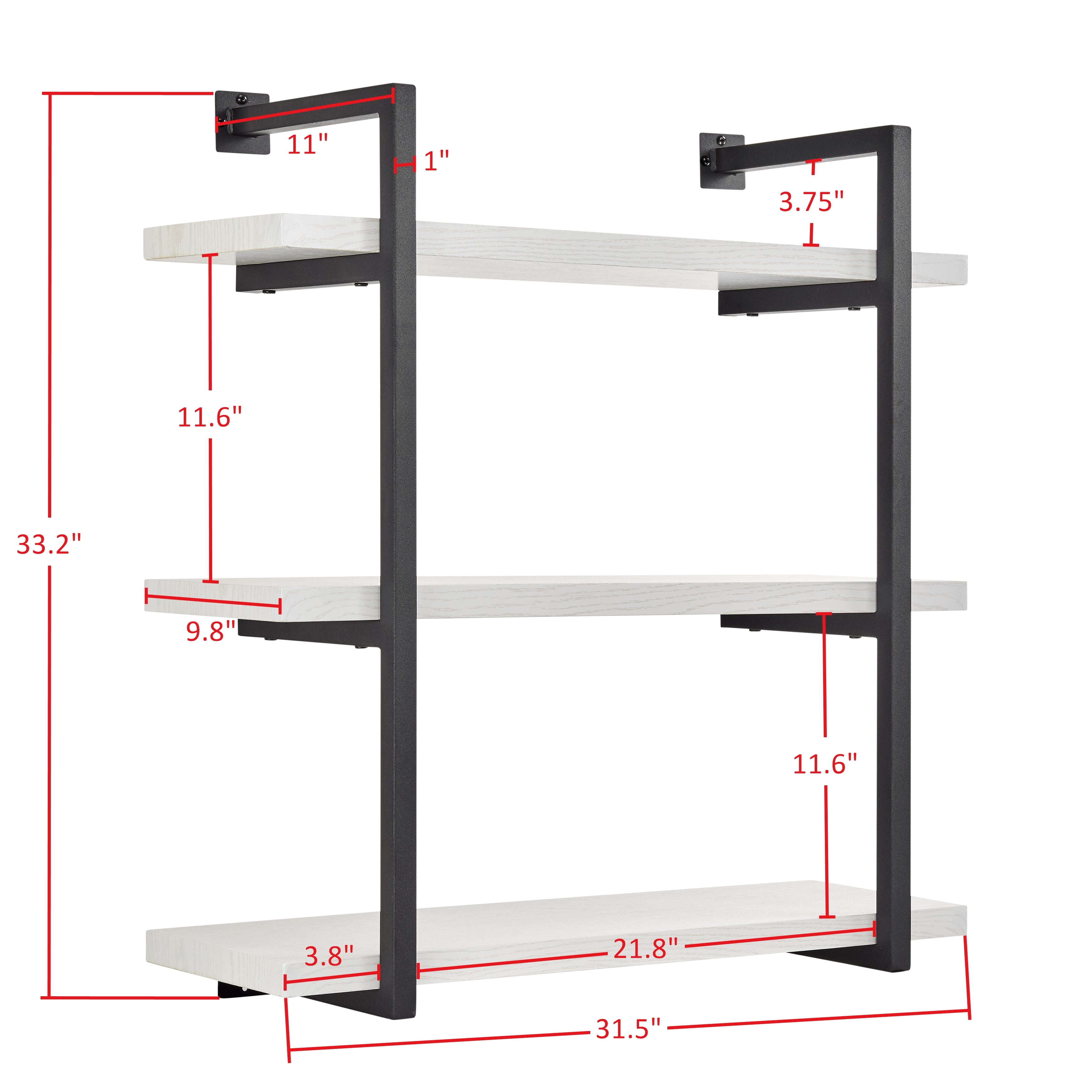 Modern 3-Tier Hanging Bracket Wall Shelves in Black Metal and White Birch Finish