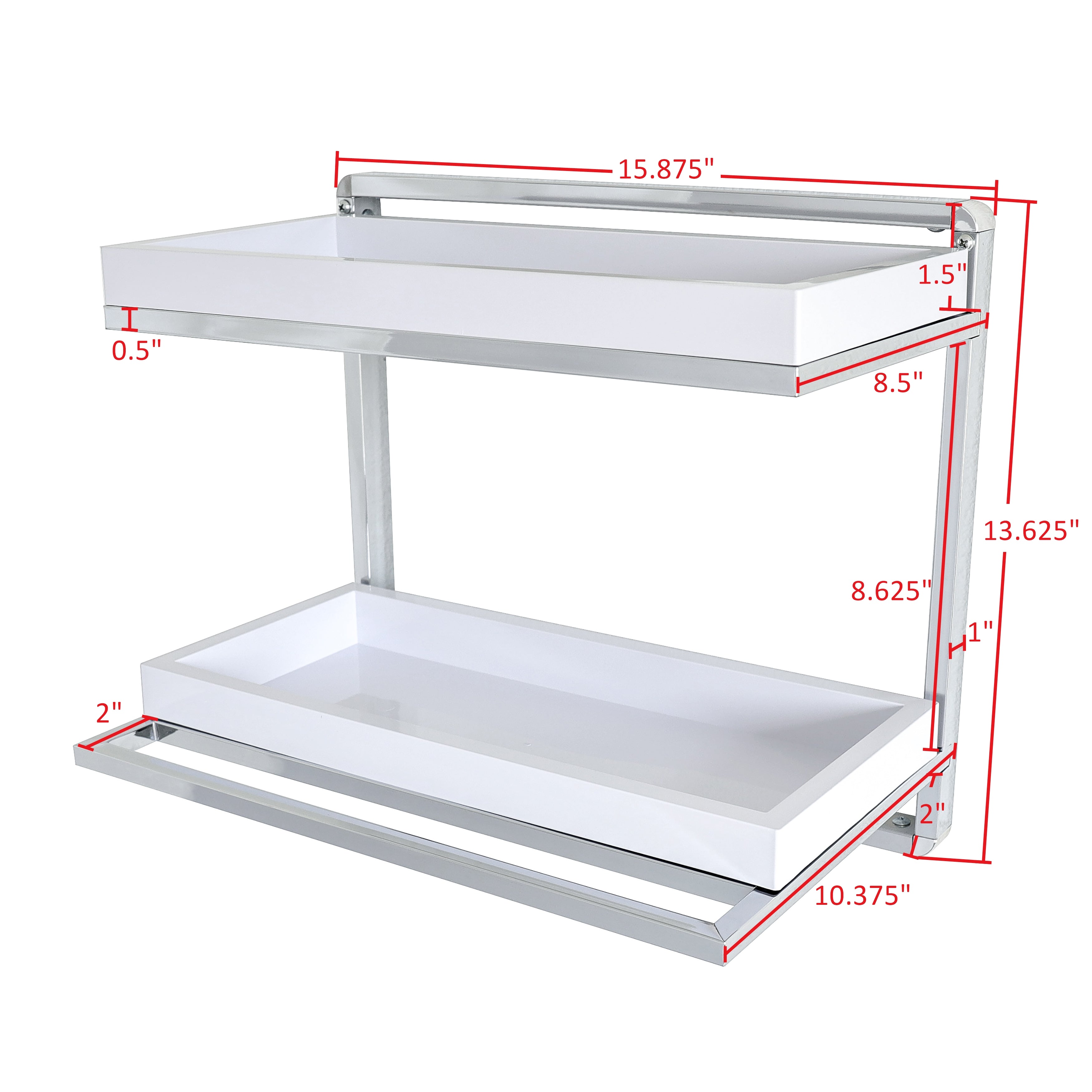 Wall Mount 2-Tier Chrome Shelving Unit with Towel Rack and 2 White Removable Trays