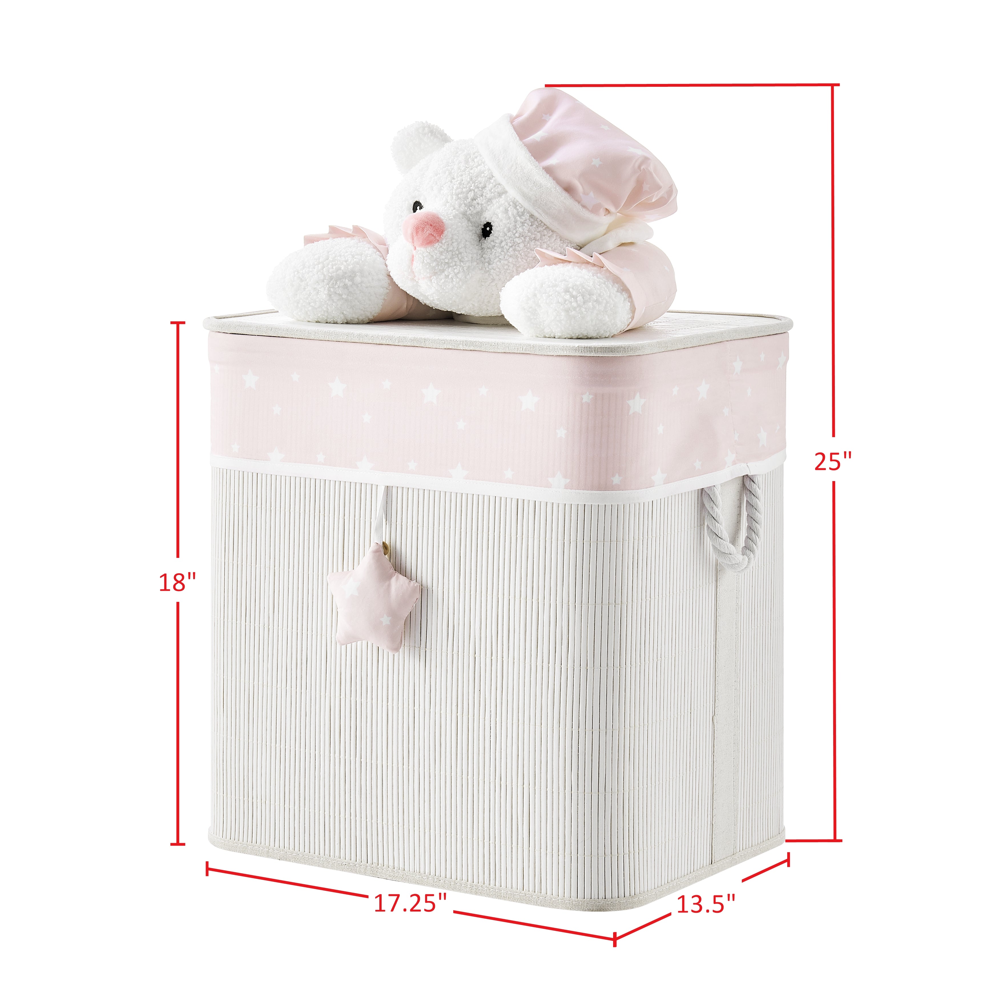 Pink/Cream Collapsible Folding Bamboo Kids Plush Laundry Hamper Toy Storage with Liner and Handles - Sleepy Teddy Bear