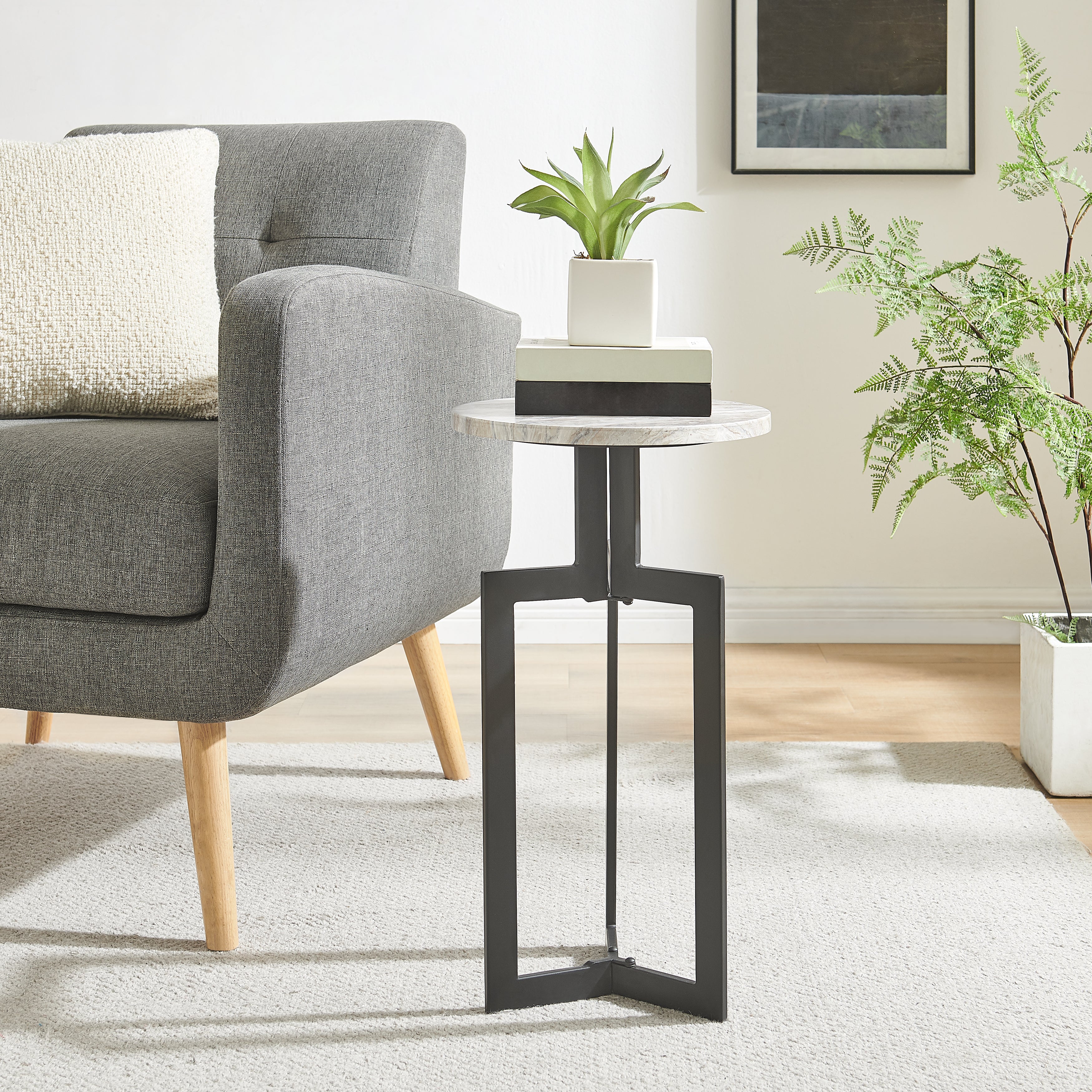 Black Metal & Faux Stone Accent Table