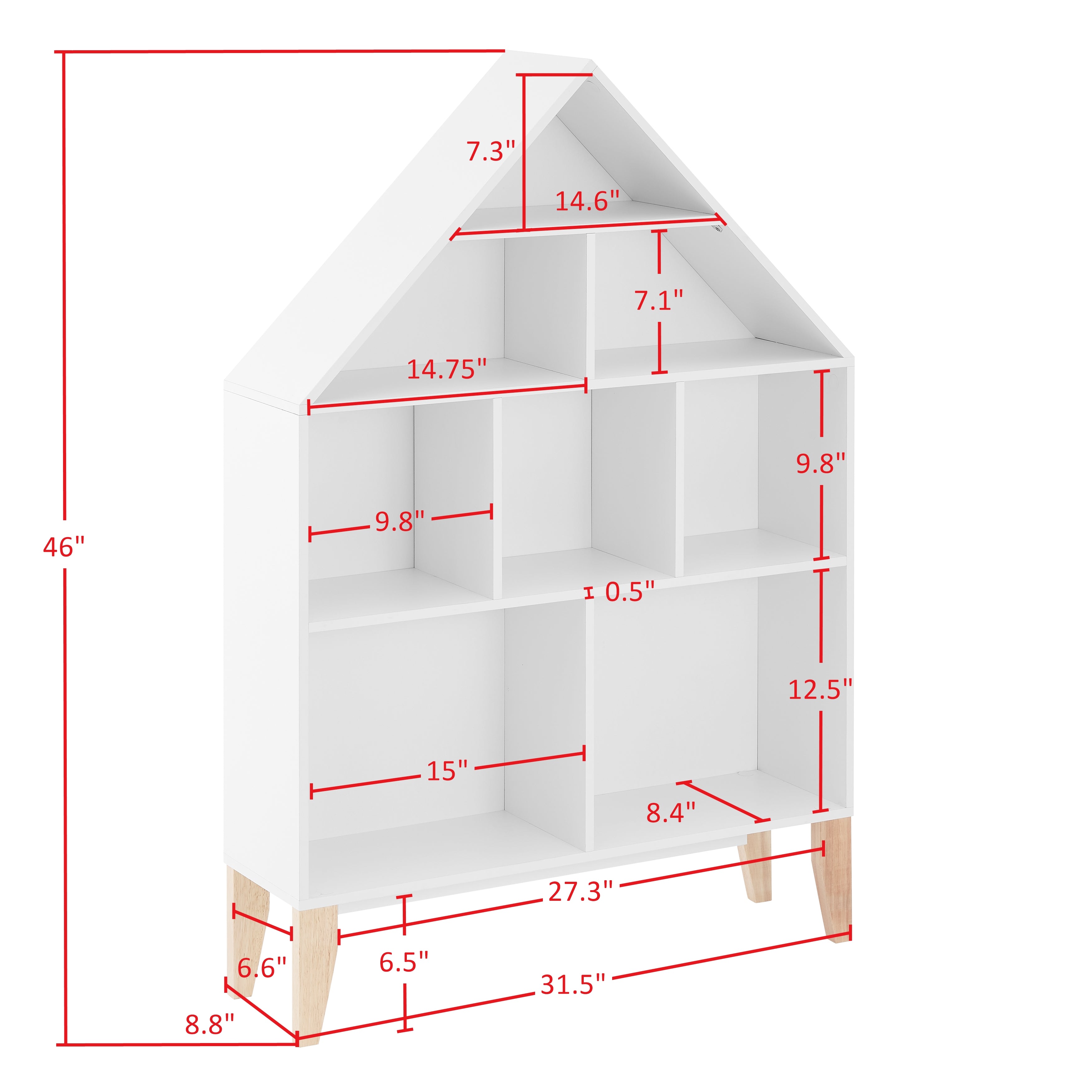 Steiner White Dollhouse 8-Compartment Kids Book or Toy Figure Display Unit Freestanding Bookshelf with Beech Legs