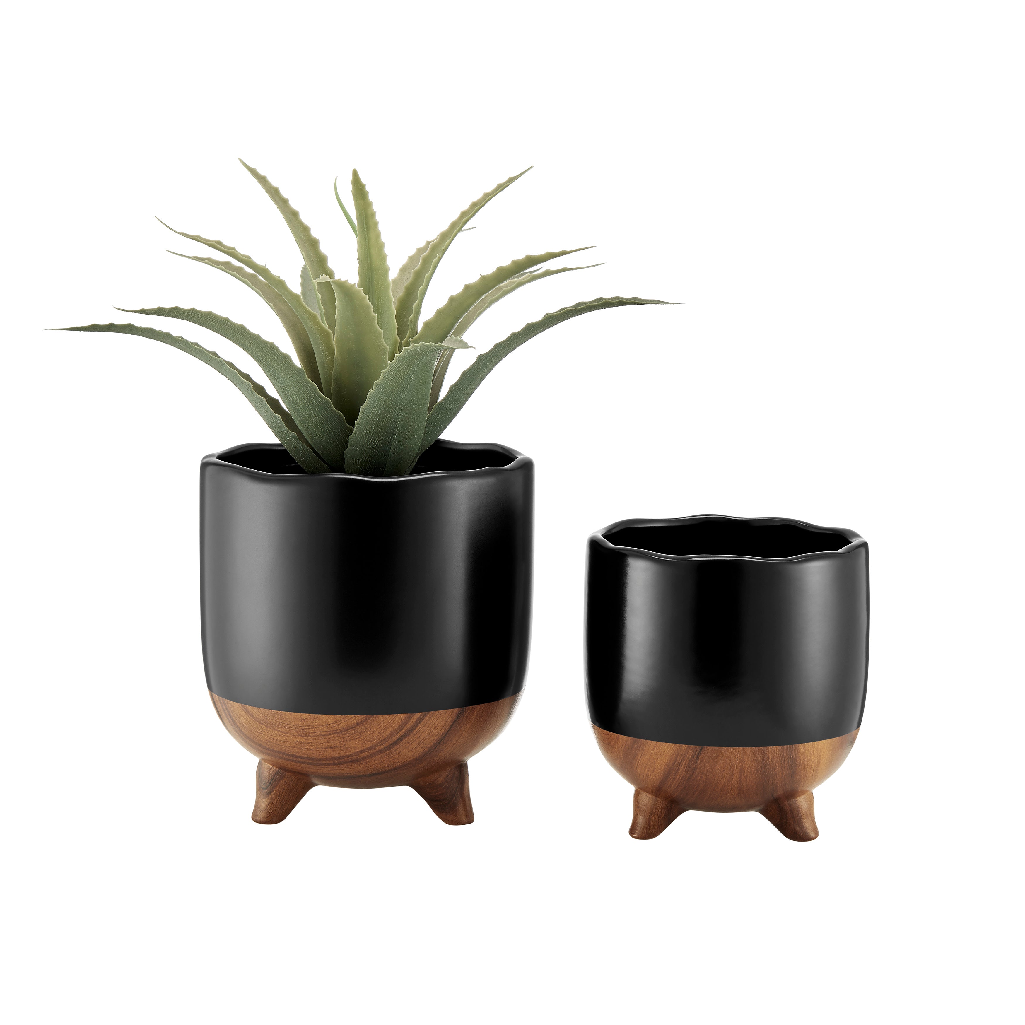 Milo Modern Mortar Two Tone Flower Pot Planter Cachepot Set of 2 Sizes - Black and Walnut