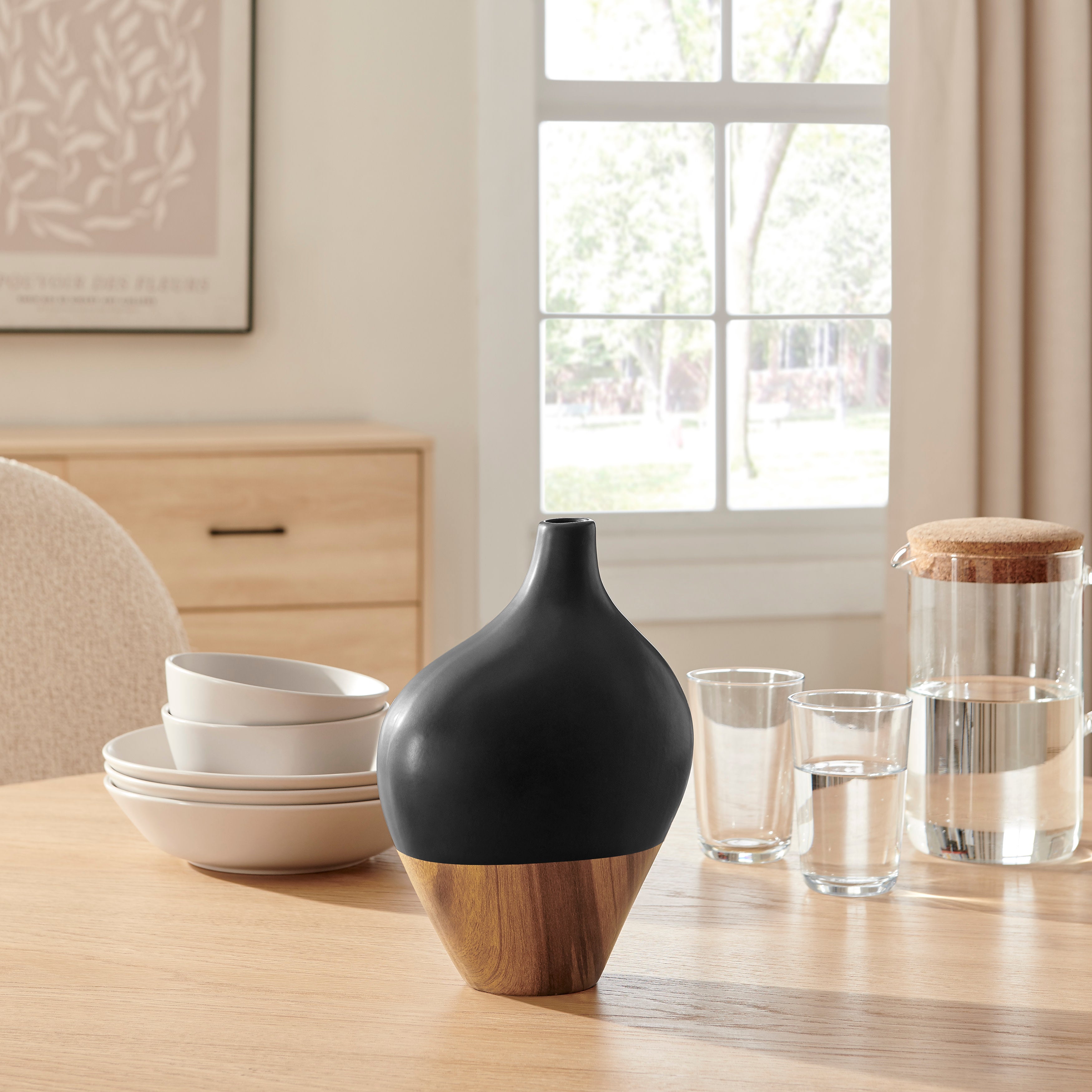 Milo Canteen Asymmetrical Modern Two Tone Tabletop Vase - Black and Walnut