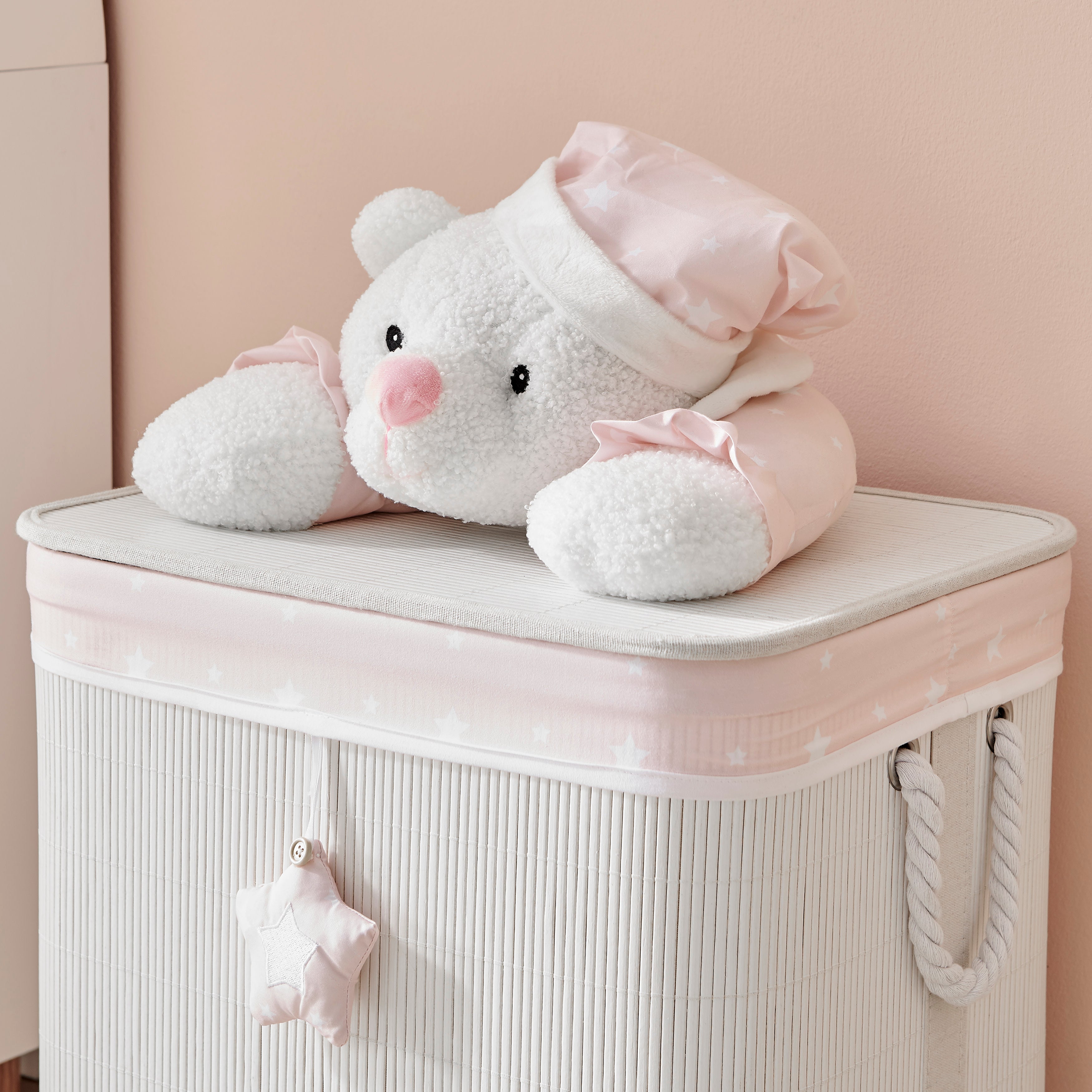 Pink/Cream Collapsible Folding Bamboo Kids Plush Laundry Hamper Toy Storage with Liner and Handles - Sleepy Teddy Bear