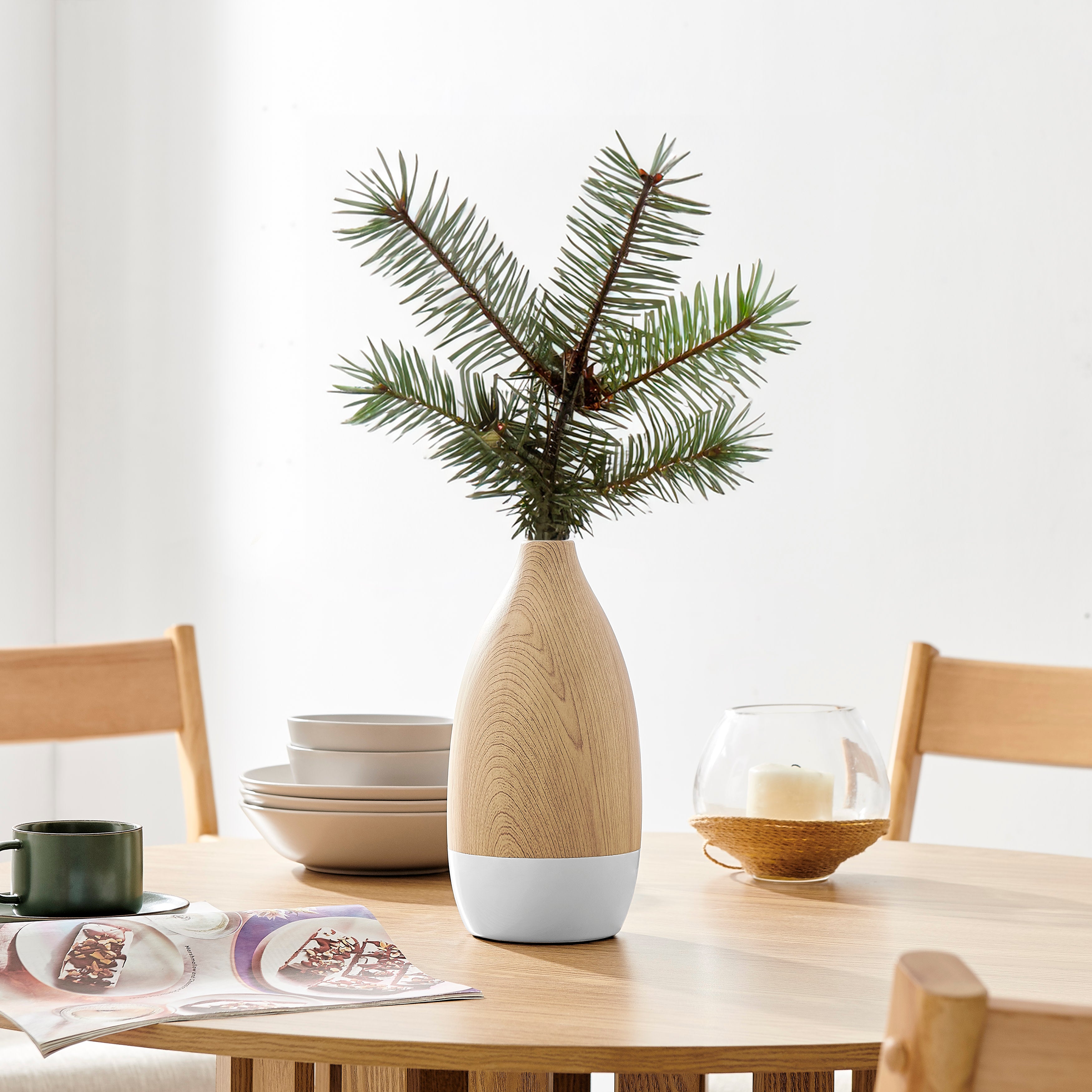 Nora Flask Teardrop Contemporary Two Tone Tabletop Vase - White and Beech