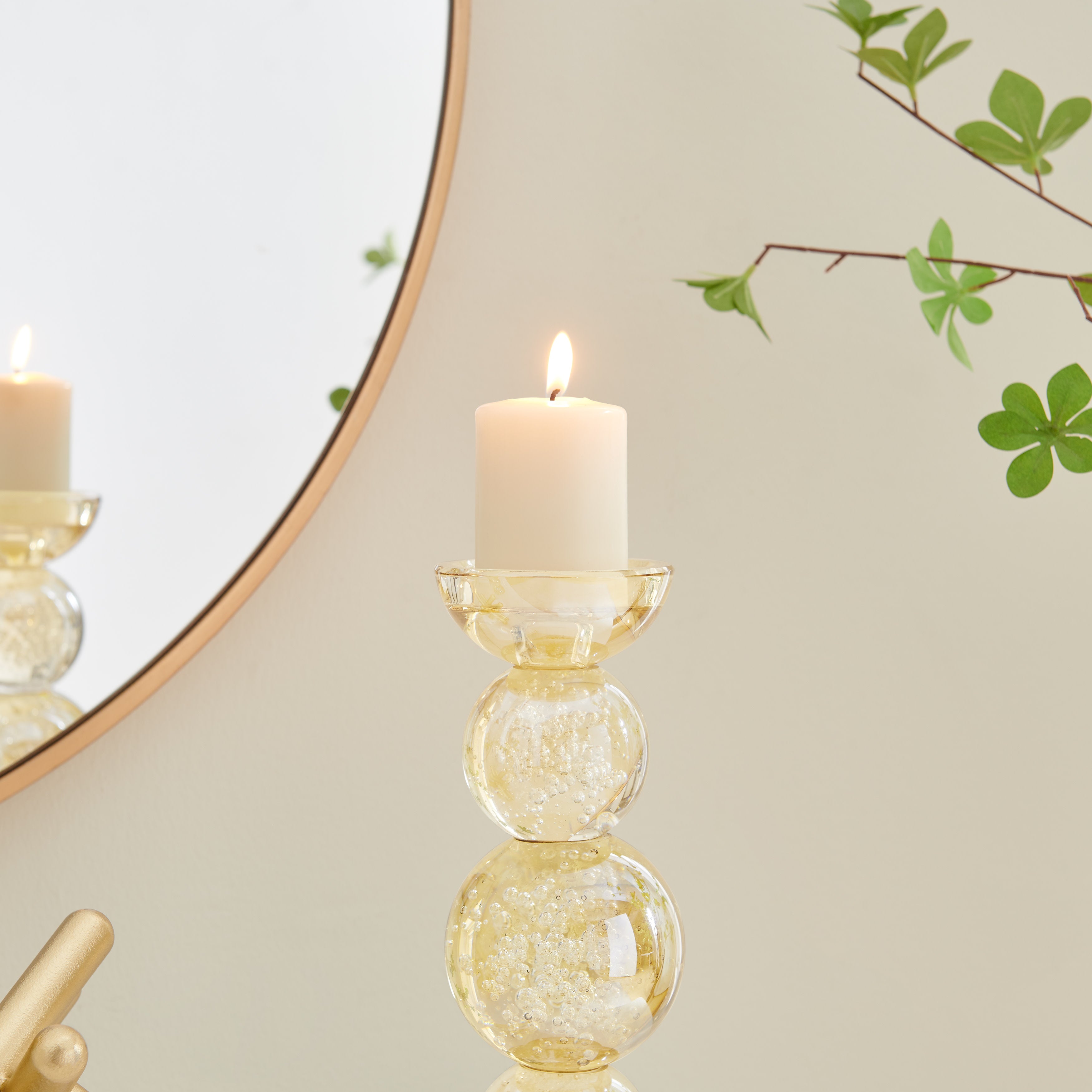 Enya Champagne Gold Tint Bubble Glass Stacked Orb Pillar Candle Holder Set of 2