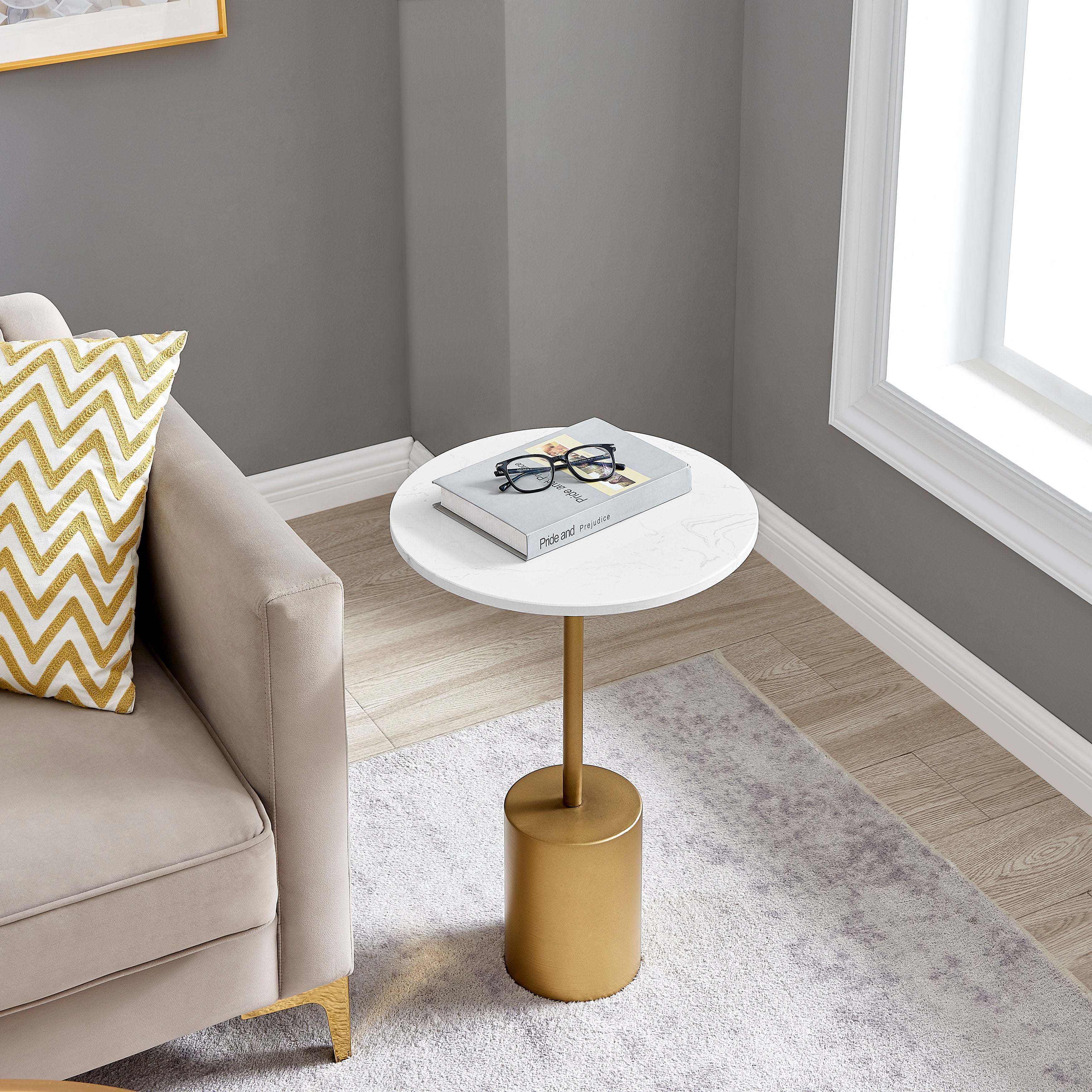 Fritz Midcentury Modern Pedestal Side Accent Table with Gold Metal Base and Genuine White Marble Stone Tabletop