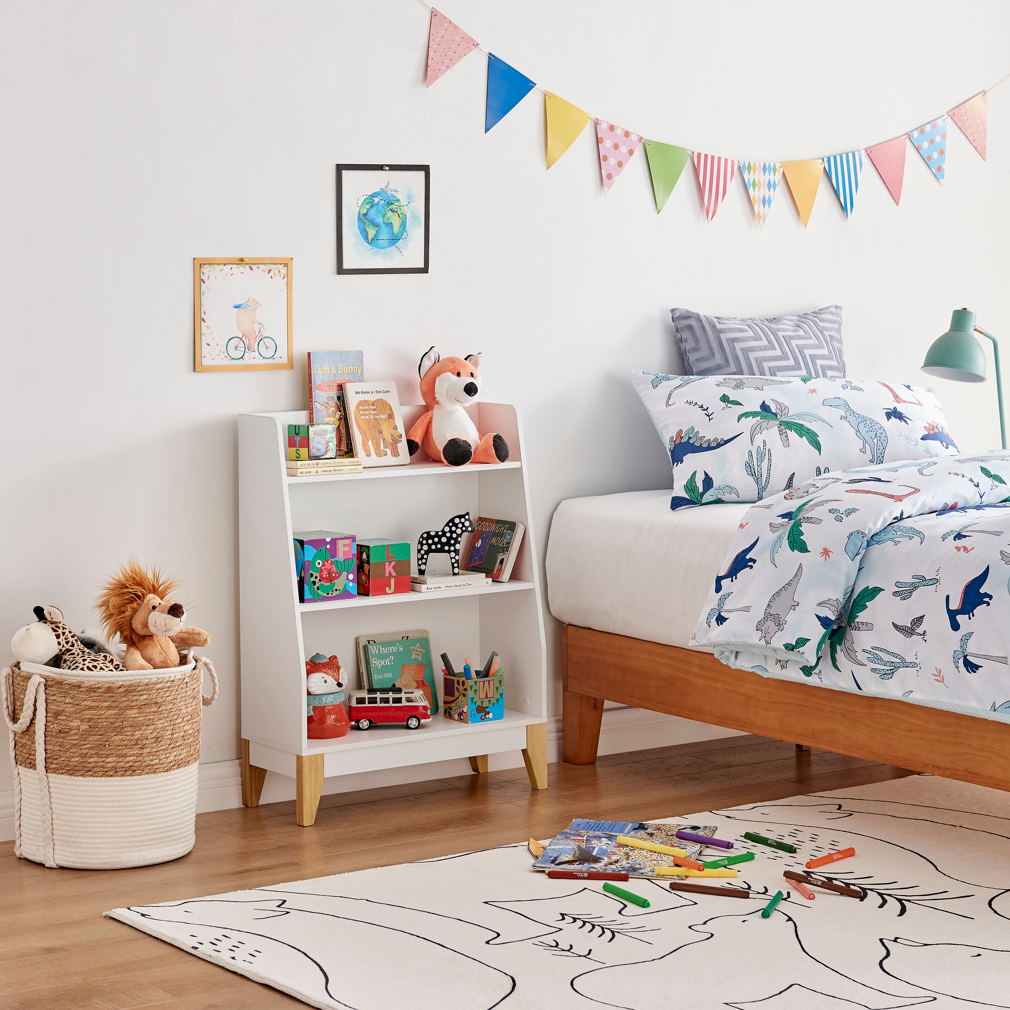 Steiner White 3-Tier Kids Book or Toy Figure Display Unit Freestanding Bookshelf with Contrasting Wood-Toned Legs