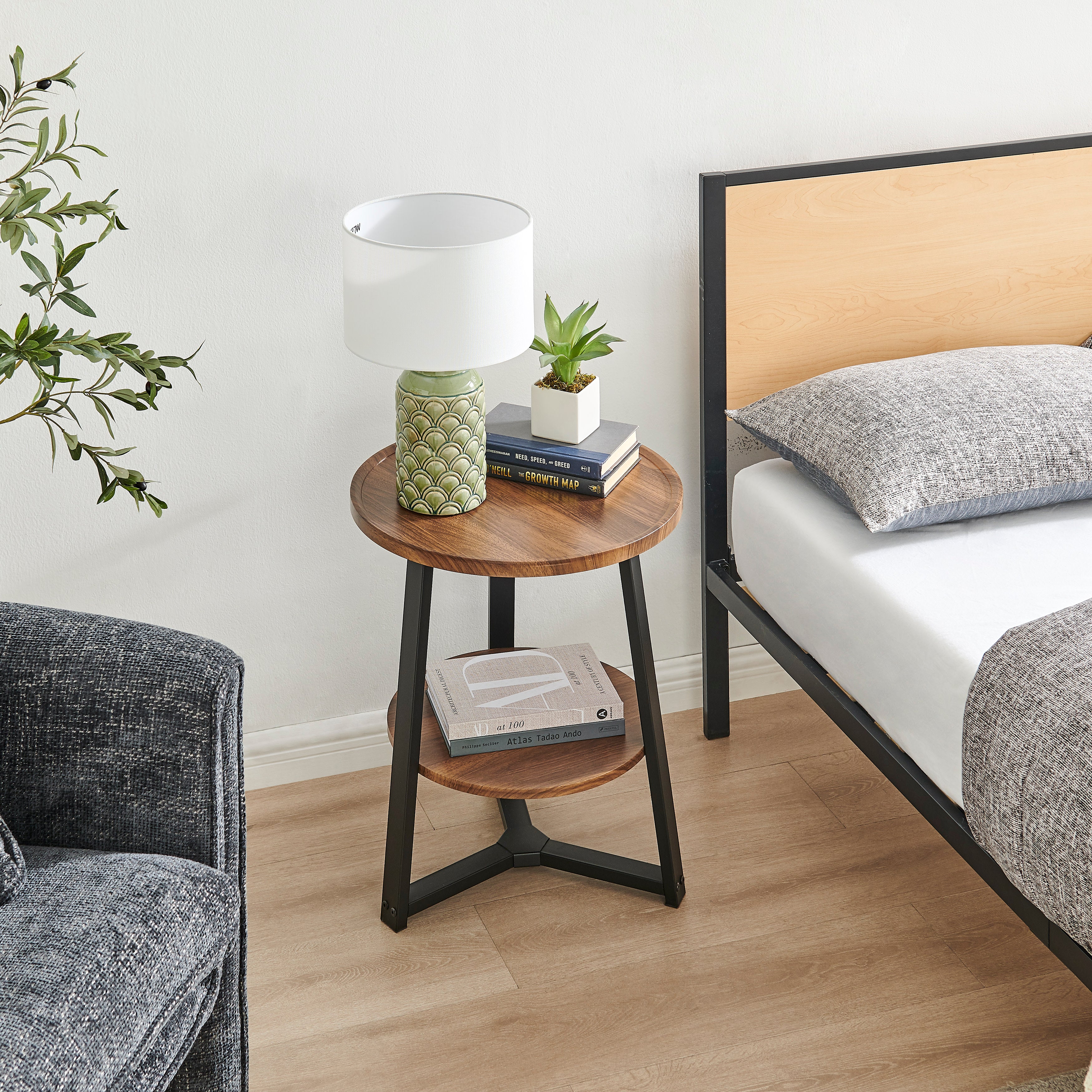 Mason Round 2-Tier Side Accent Table with Raised Lip Edge Tabletop and Mid-century Modern Crossed Metal Bold Pedestal Legs