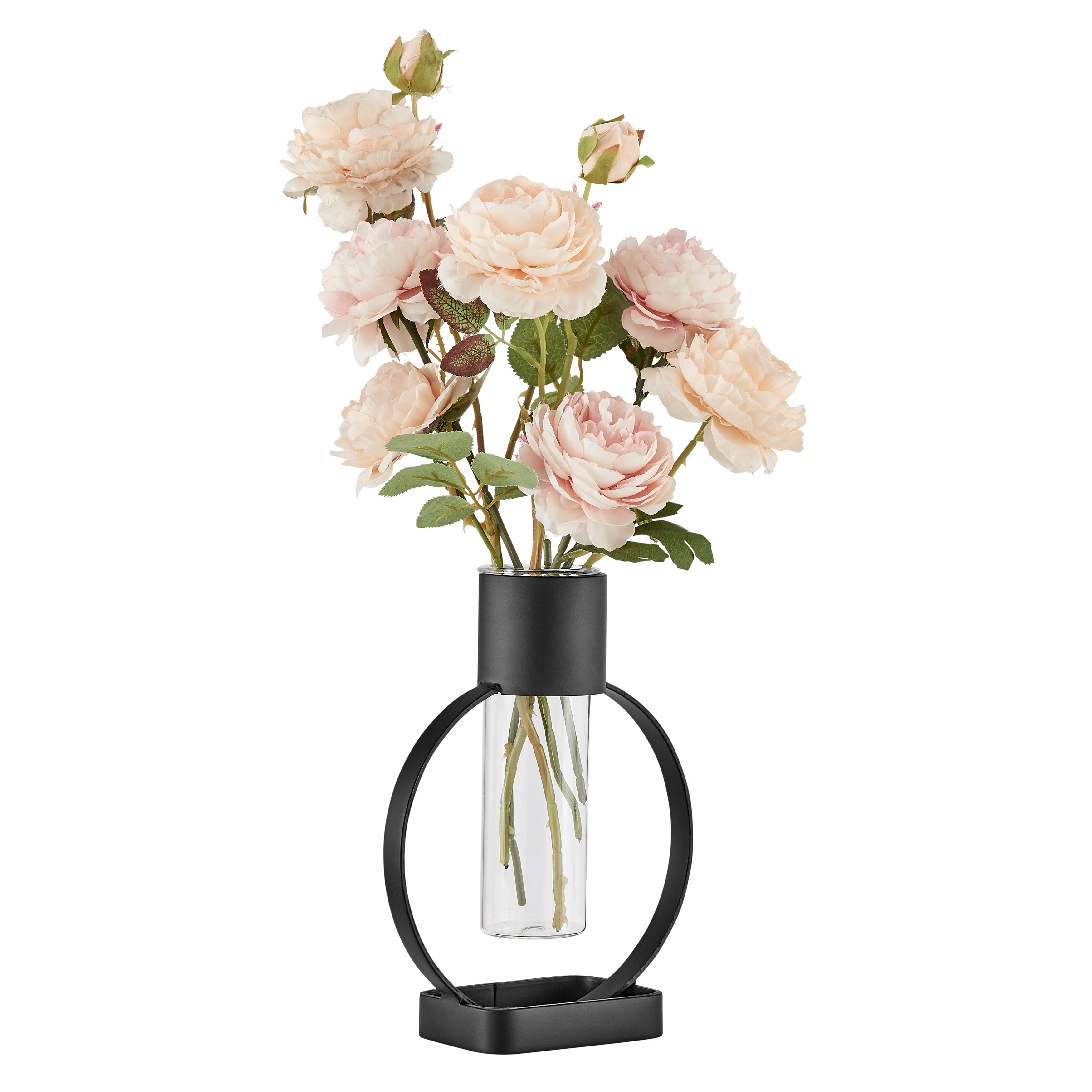 Jacob Modern Black Metal Open Circle Pedestal Clear Glass Tabletop Vase