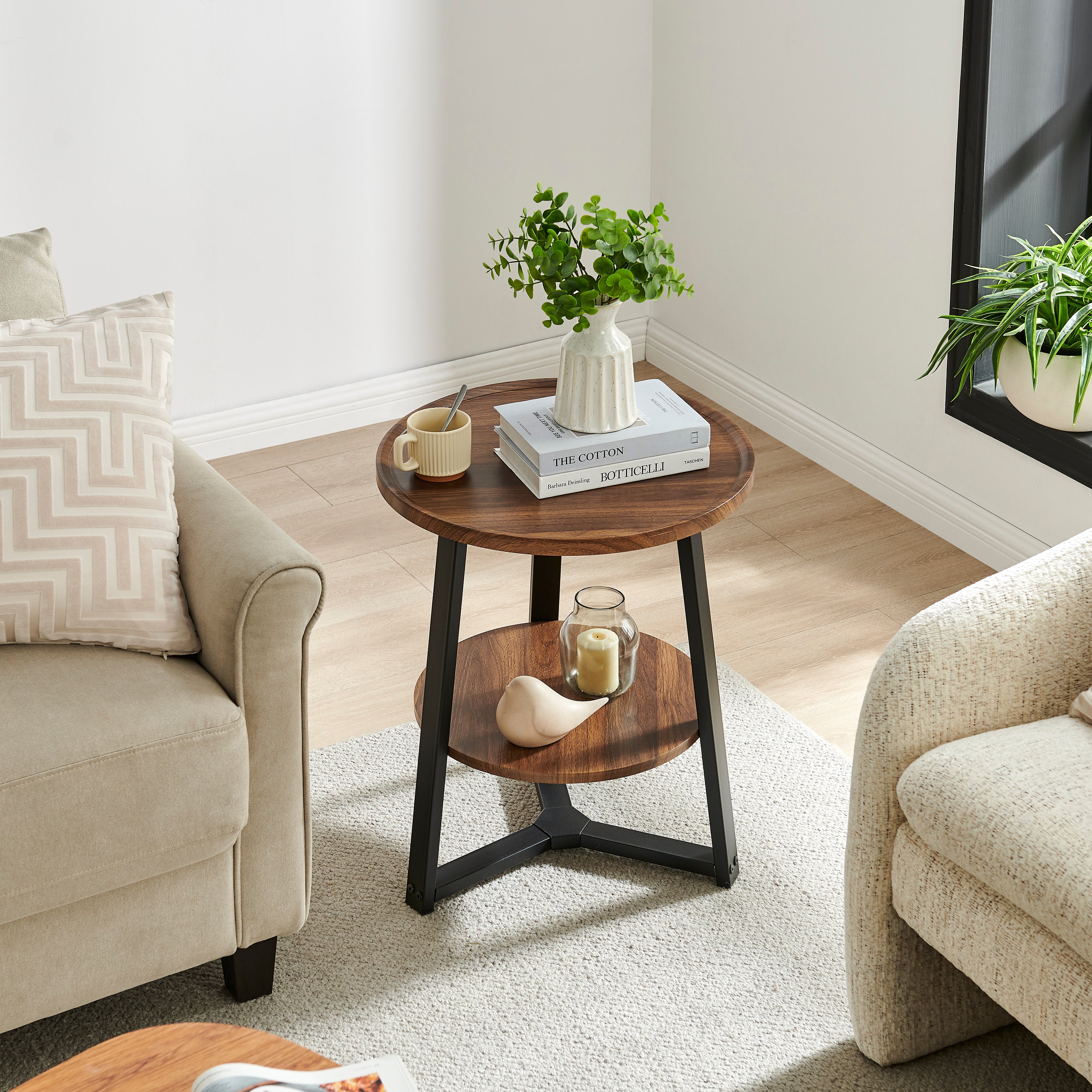 Mason Round 2-Tier Side Accent Table with Raised Lip Edge Tabletop and Mid-century Modern Crossed Metal Bold Pedestal Legs