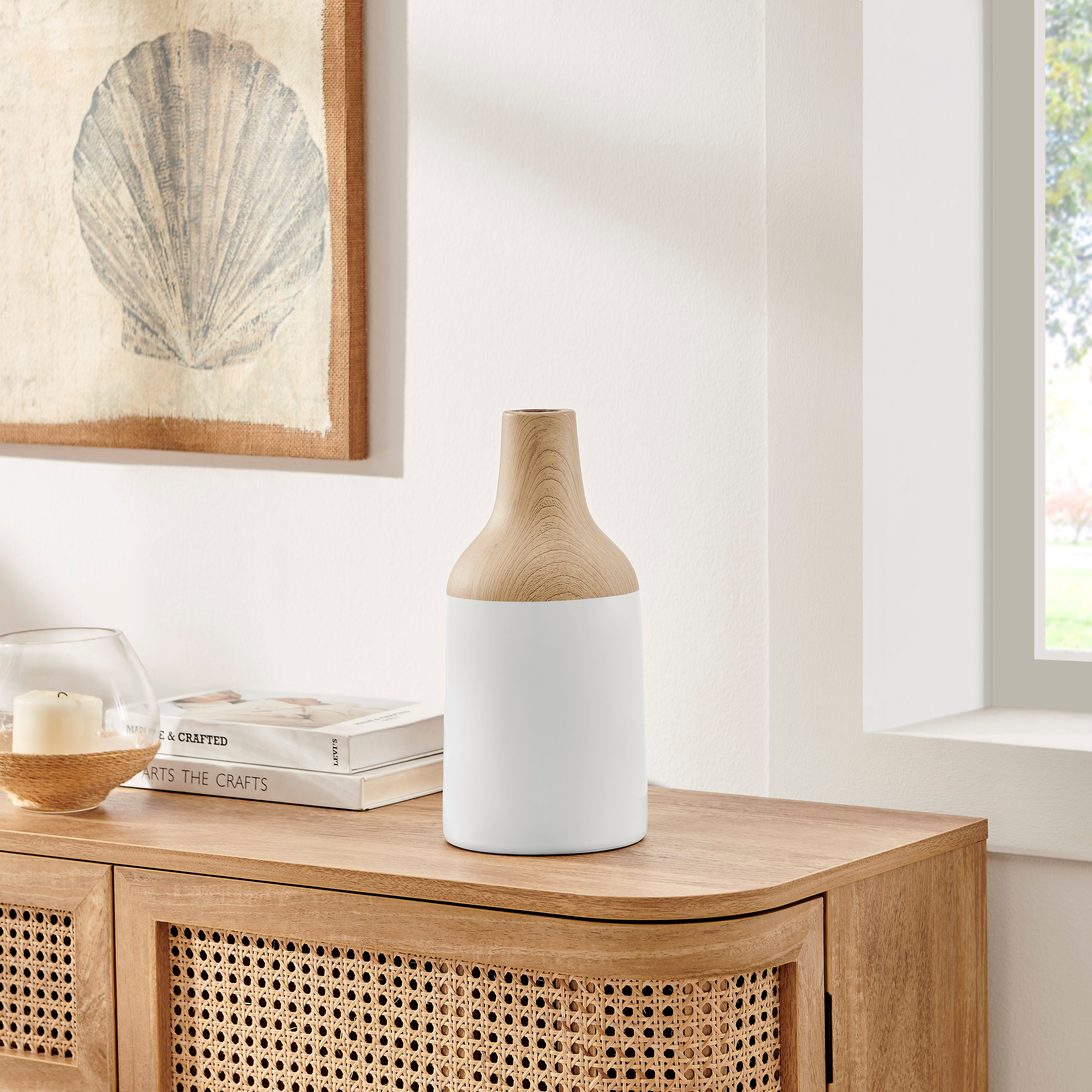 Nora Kanna Bottle Contemporary Two Tone Tabletop Vase - White and Beech
