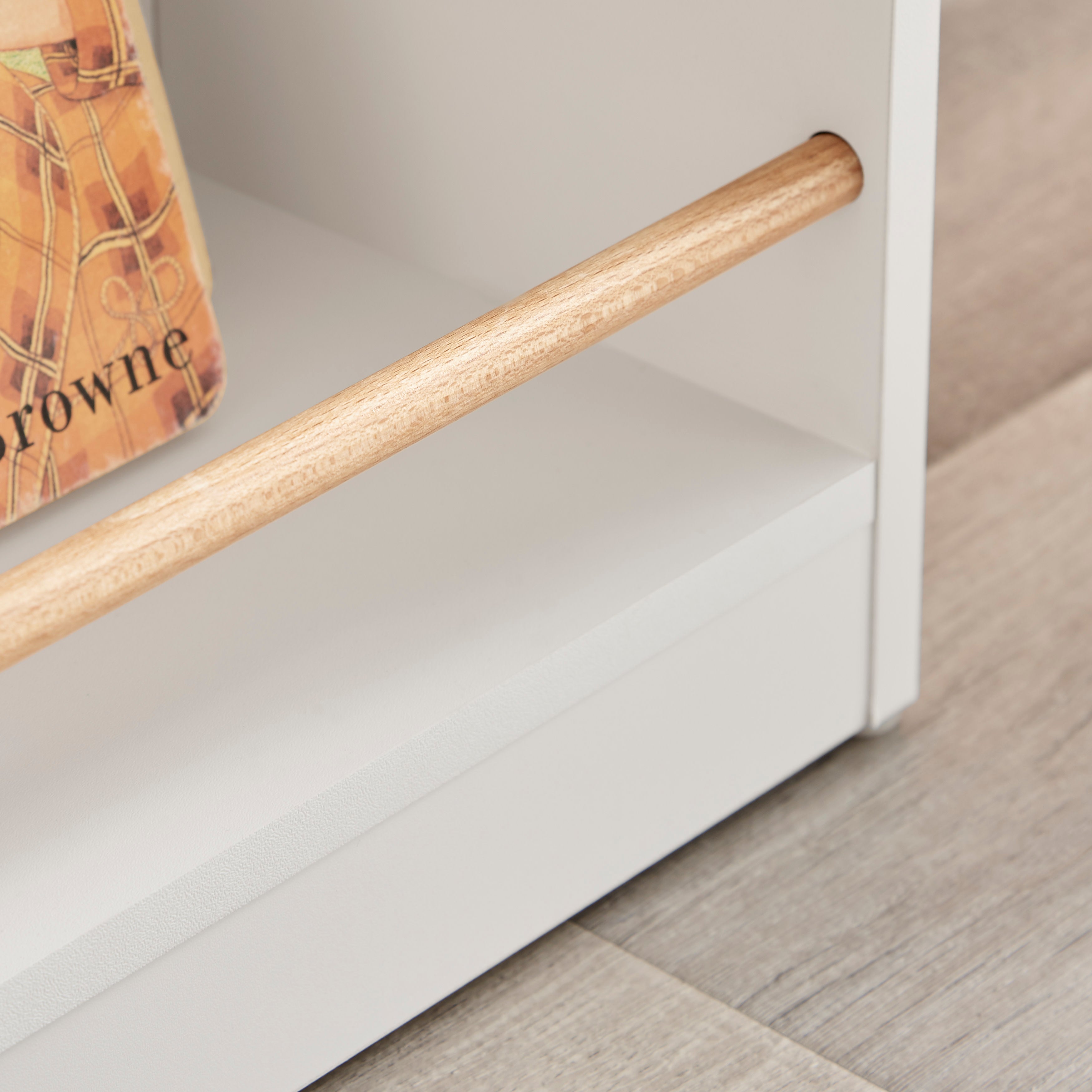 Steiner White 3-Tier Kids Book or Magazine Storage Freestanding Bookcase with Contrasting Wood-Toned Rods