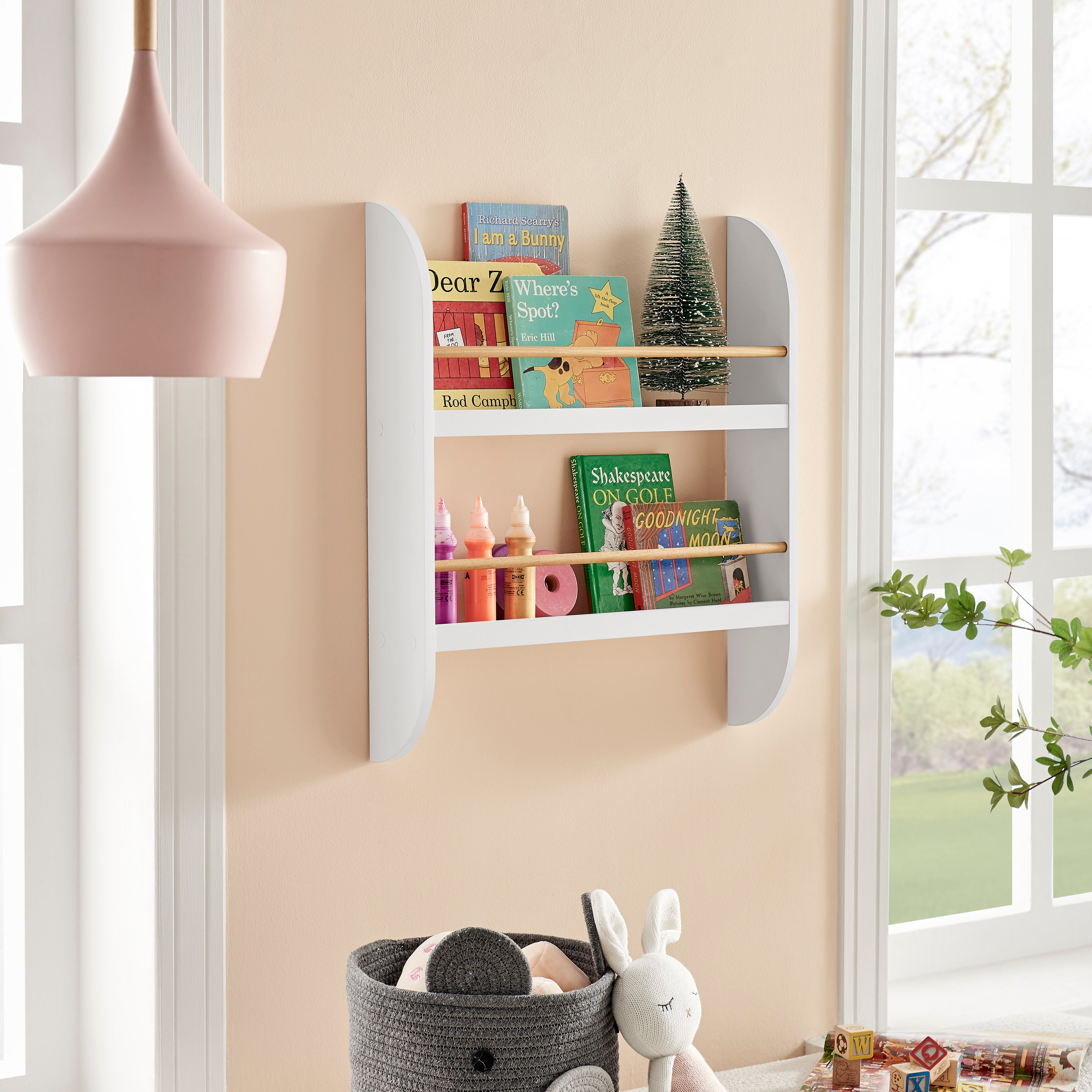 Steiner White Rounded Contemporary 2-Tier Kids Book or Magazine Storage Wall-Mount Bookcase with Contrasting Wood-toned Rods