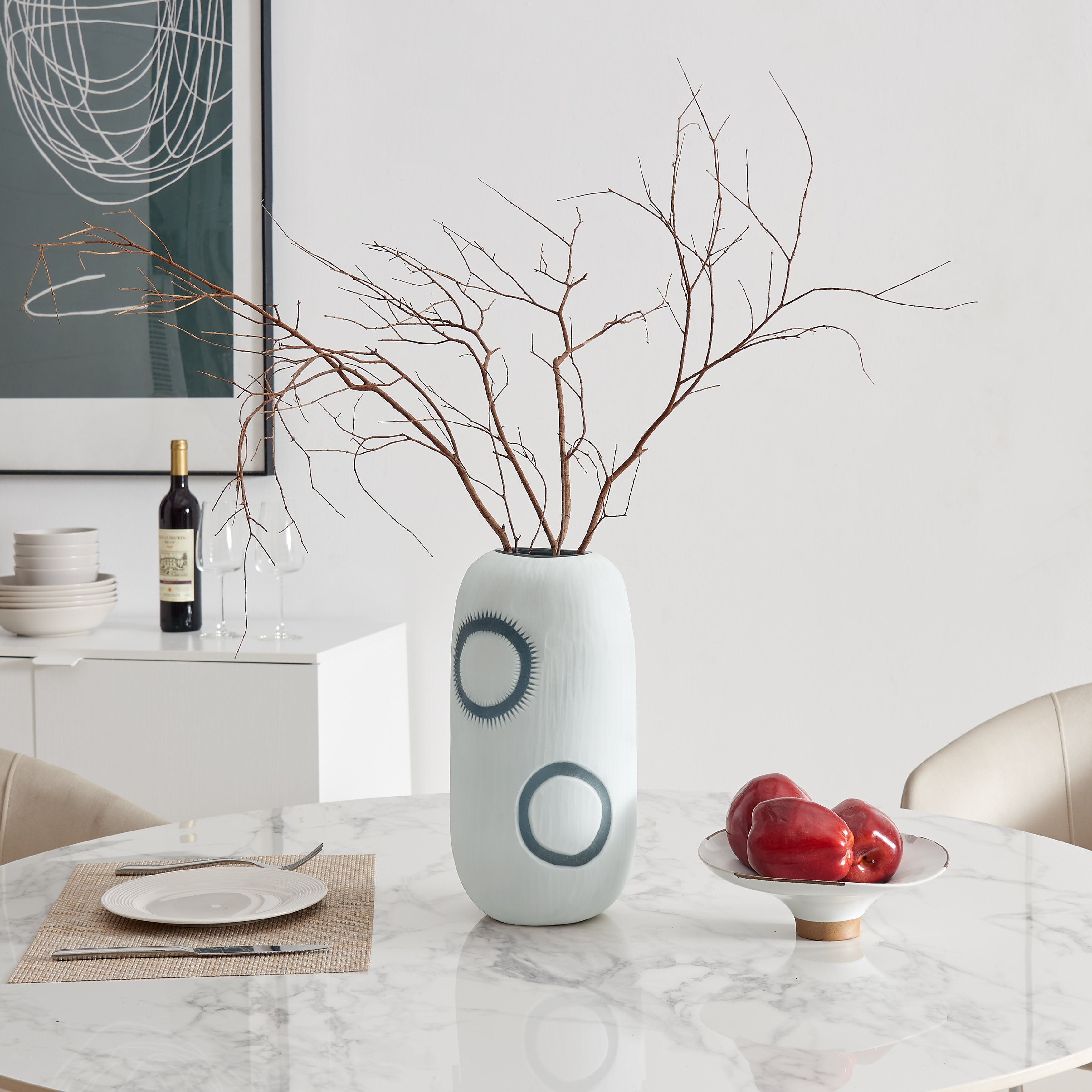 Elara Cylindrical Contemporary Matte White and Navy Oval Opening Glass Tabletop Vase