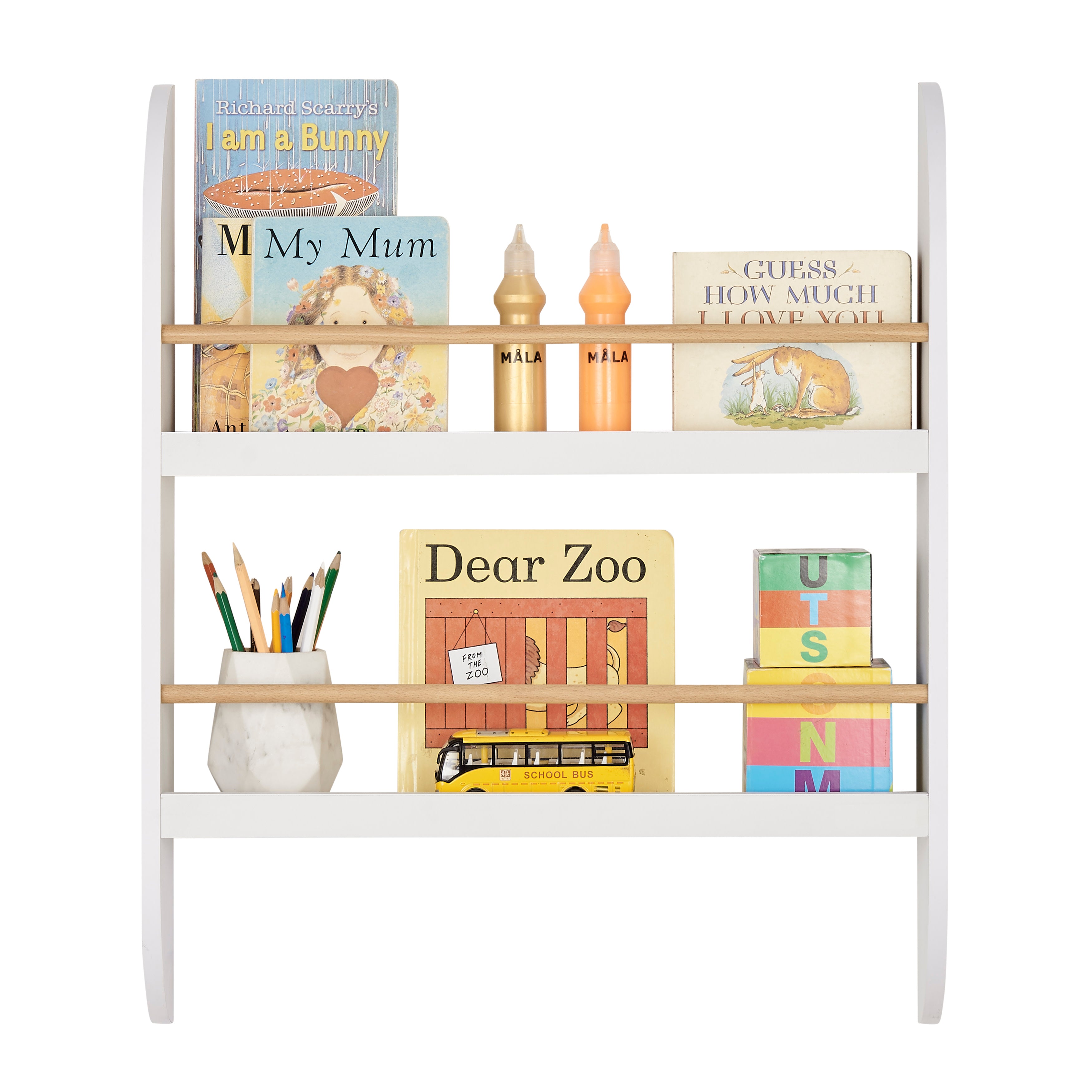 Steiner White Rounded Contemporary 2-Tier Kids Book or Magazine Storage Wall-Mount Bookcase with Contrasting Wood-toned Rods