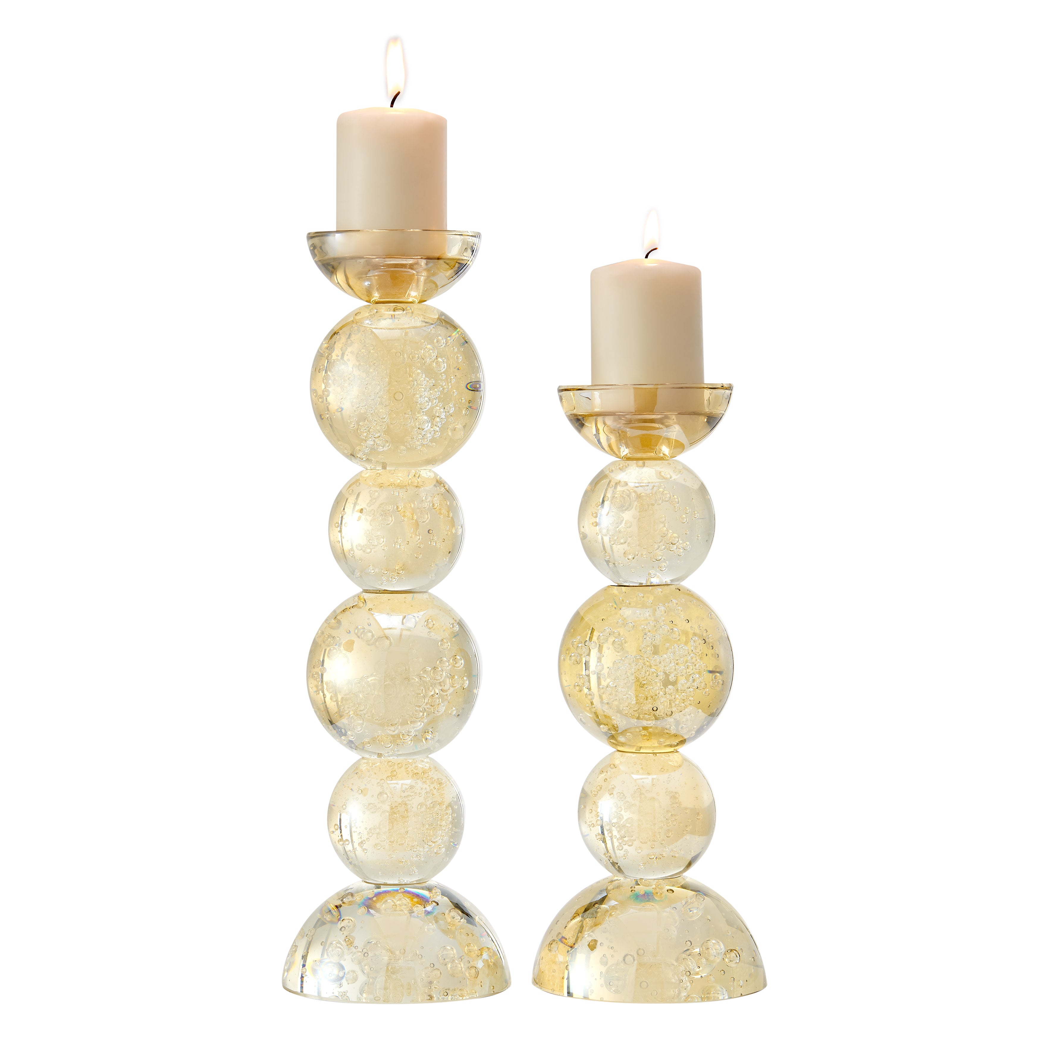 Enya Champagne Gold Tint Bubble Glass Stacked Orb Pillar Candle Holder Set of 2