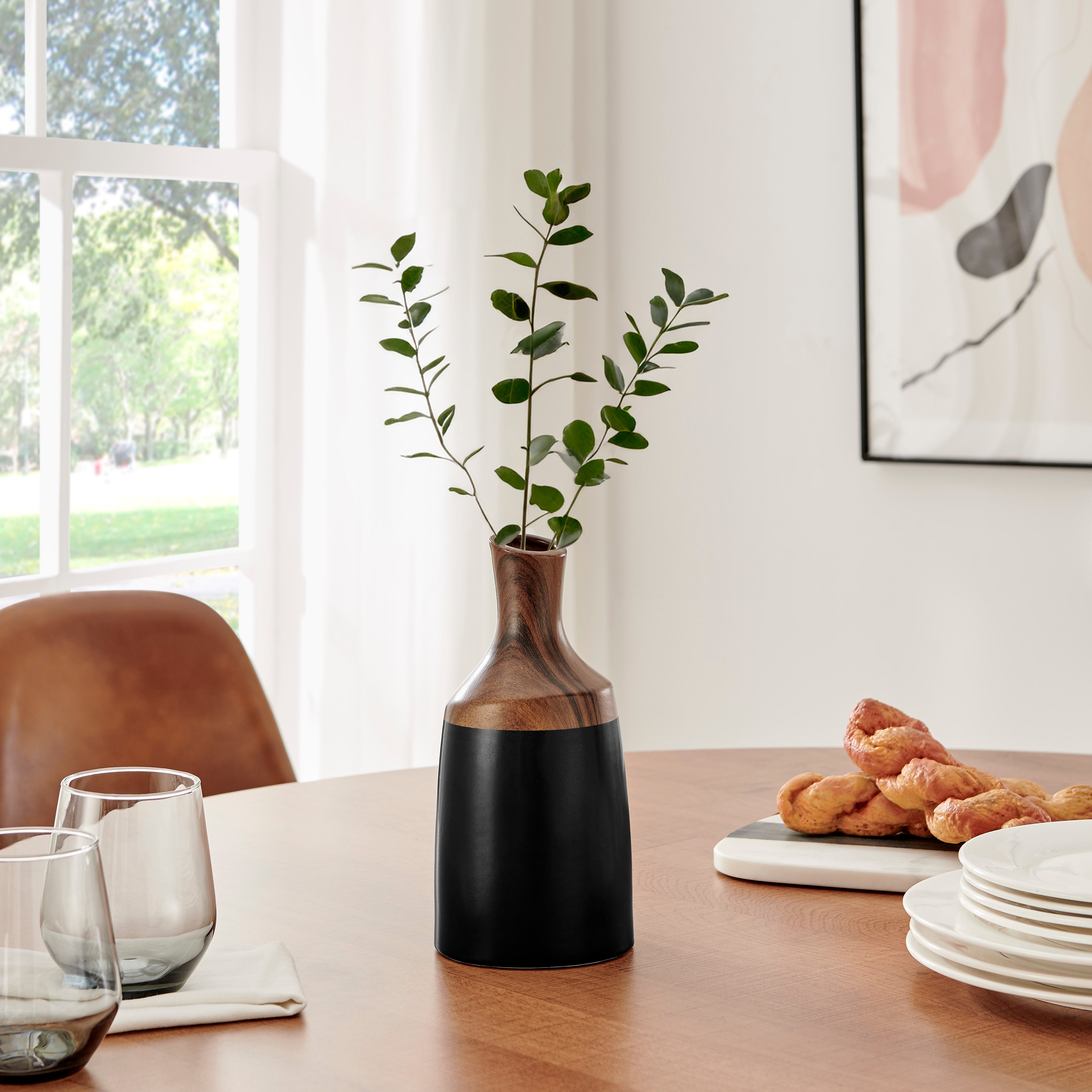 Milo Kande Carafe Modern Two Tone Tabletop Vase - Black and Walnut