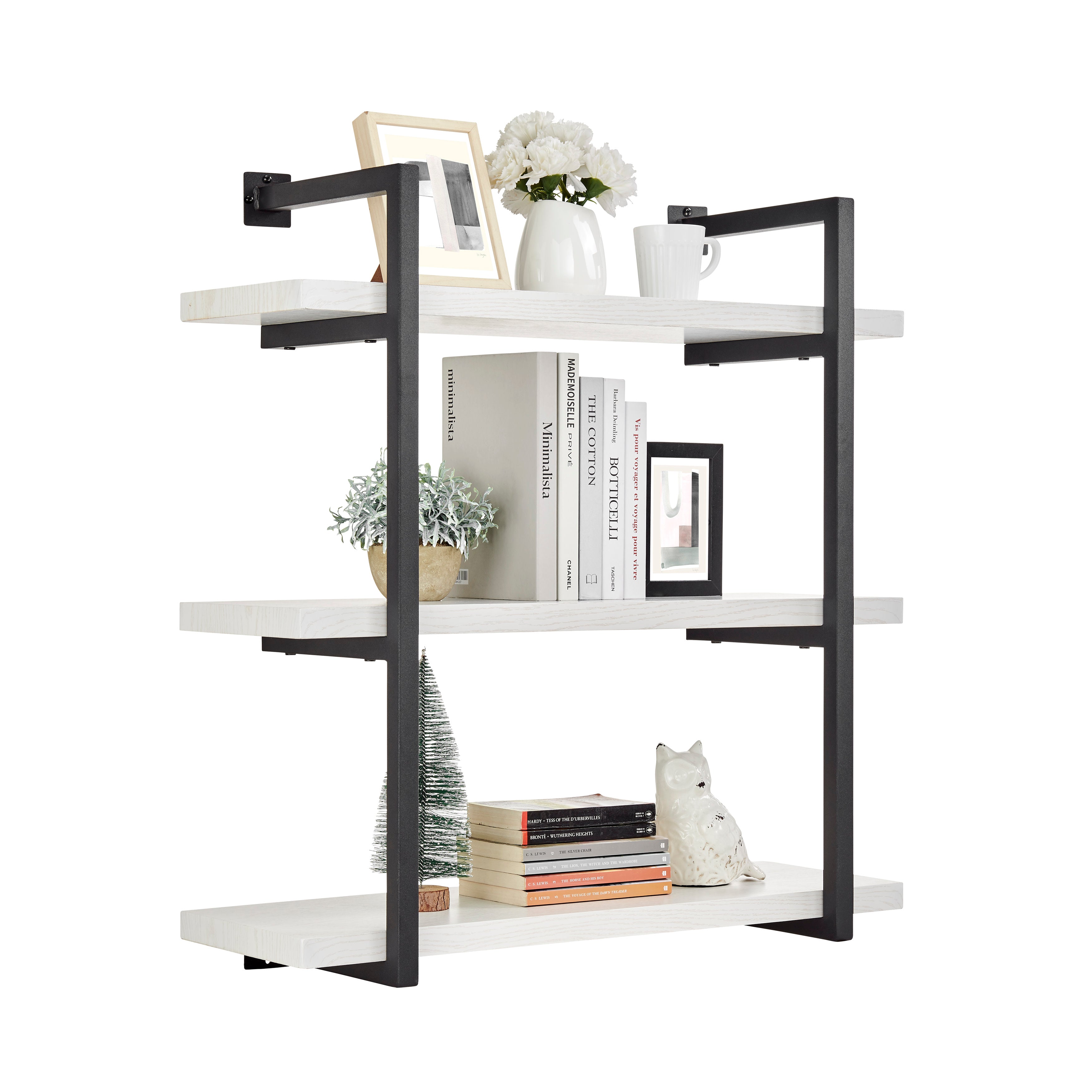 Modern 3-Tier Hanging Bracket Wall Shelves in Black Metal and White Birch Finish