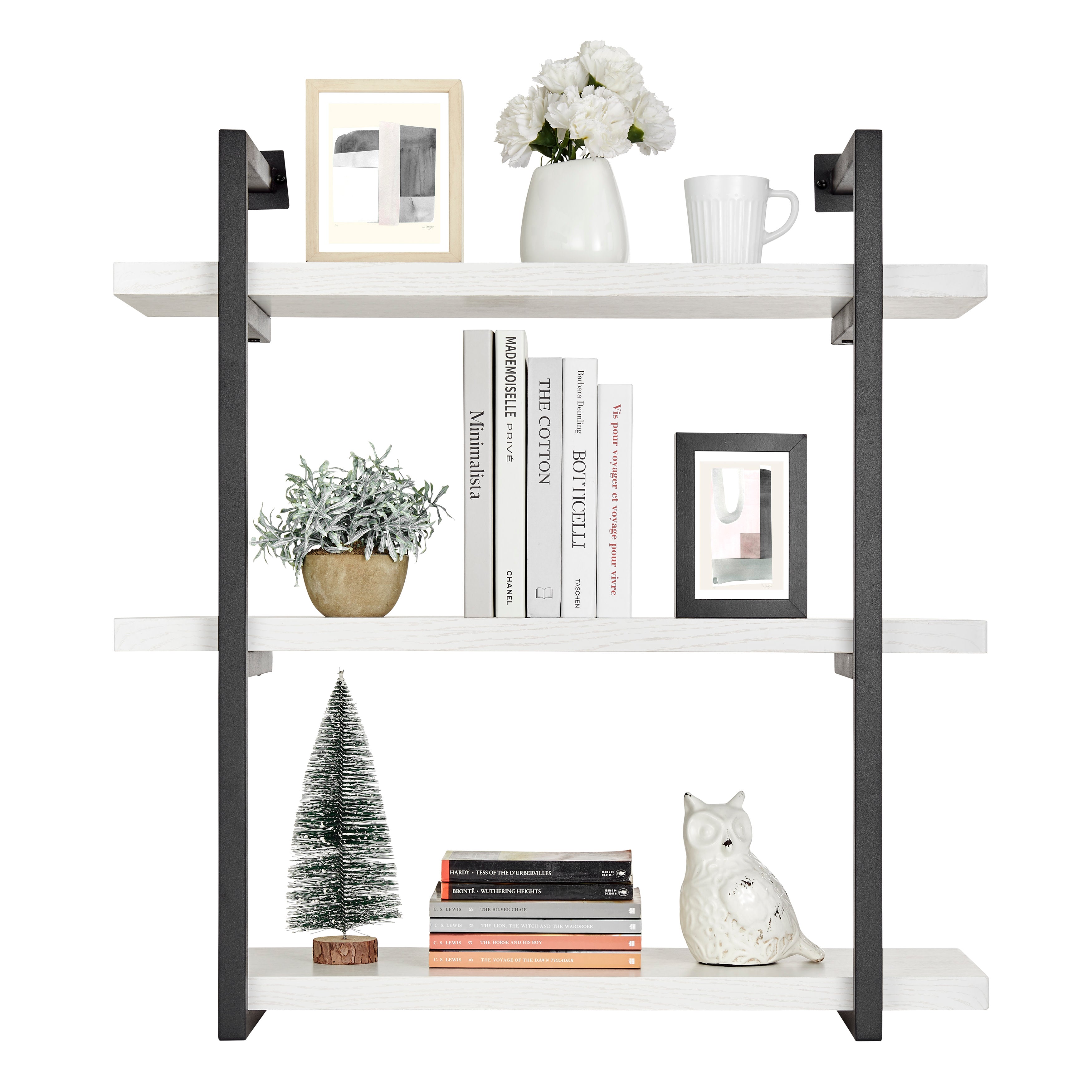 Modern 3-Tier Hanging Bracket Wall Shelves in Black Metal and White Birch Finish