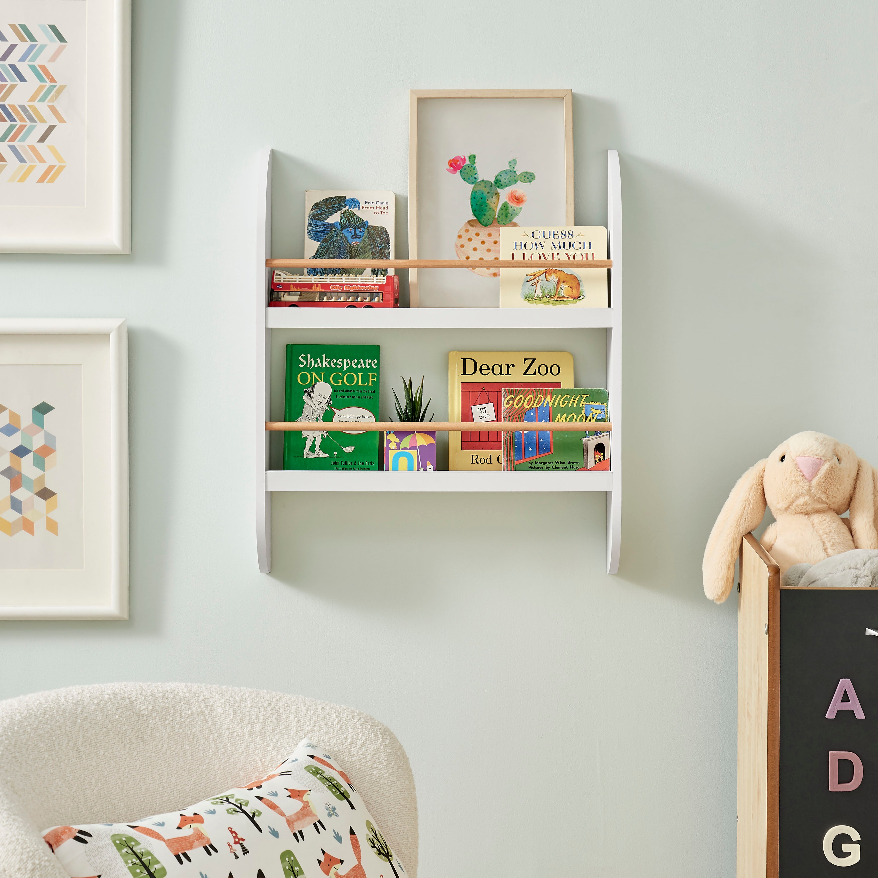 Steiner White Rounded Contemporary 2-Tier Kids Book or Magazine Storage Wall-Mount Bookcase with Contrasting Wood-toned Rods