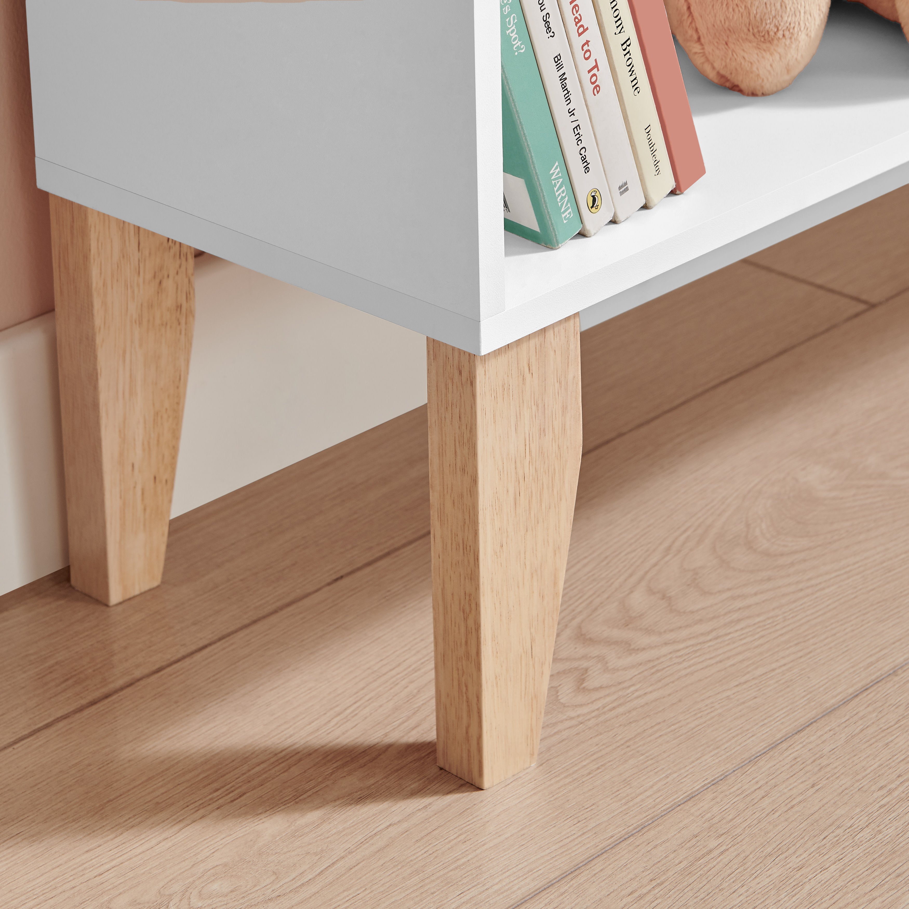 Steiner White Dollhouse 8-Compartment Kids Book or Toy Figure Display Unit Freestanding Bookshelf with Beech Legs