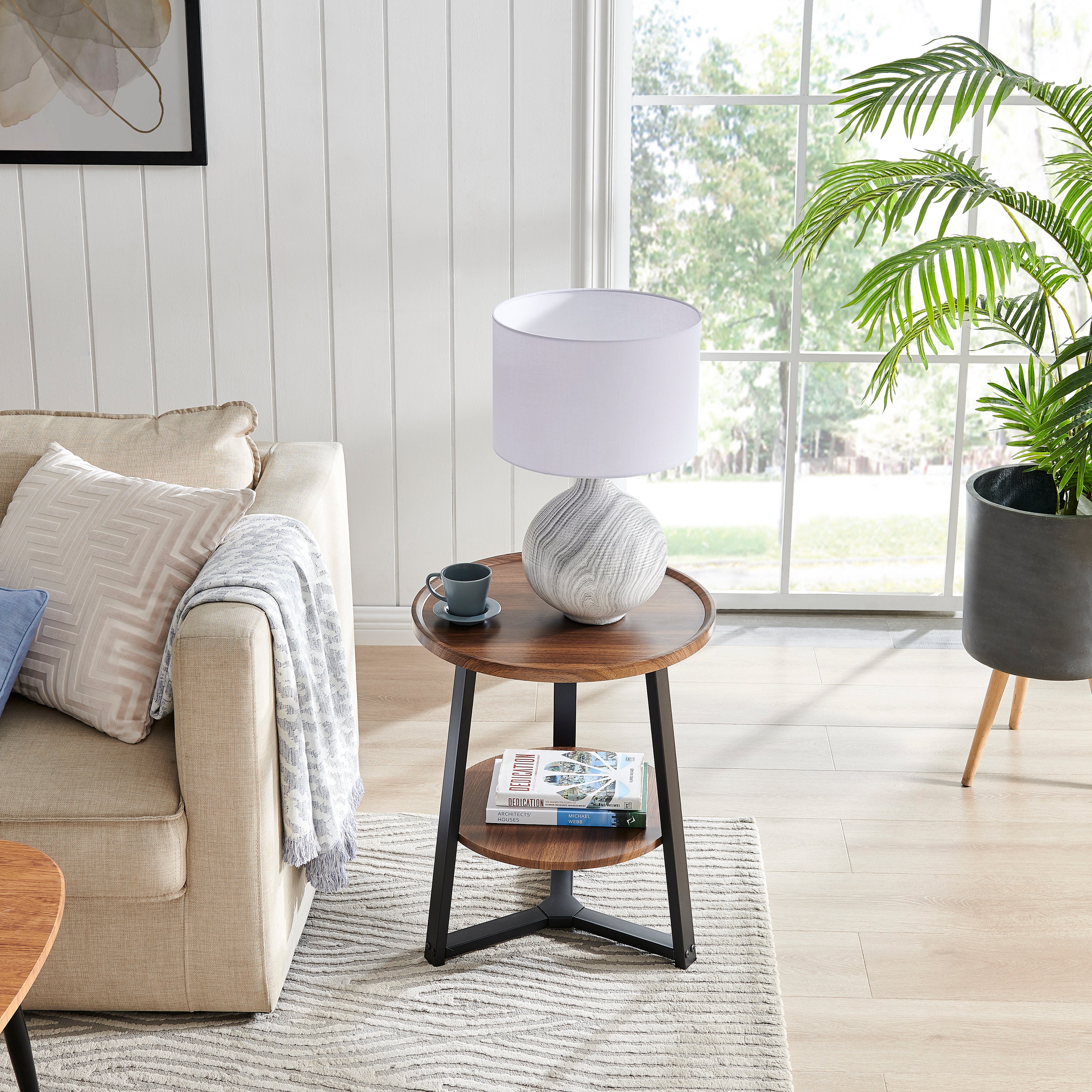 Mason Round 2-Tier Side Accent Table with Raised Lip Edge Tabletop and Mid-century Modern Crossed Metal Bold Pedestal Legs