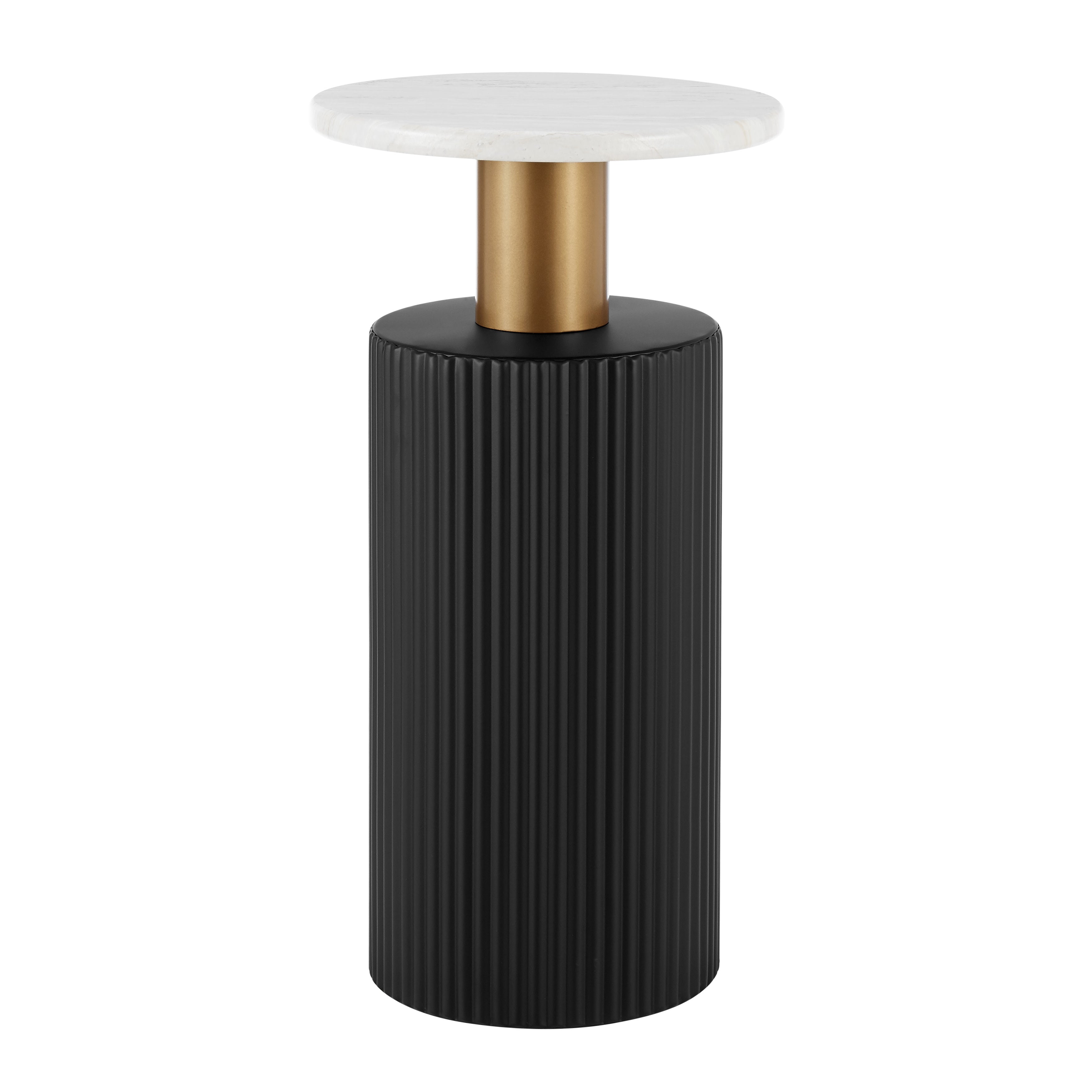 Fritz Midcentury Modern Column Side Accent Table with Textured Black Base Gold Metal Column Accents and Faux Marble Laminate Tabletop