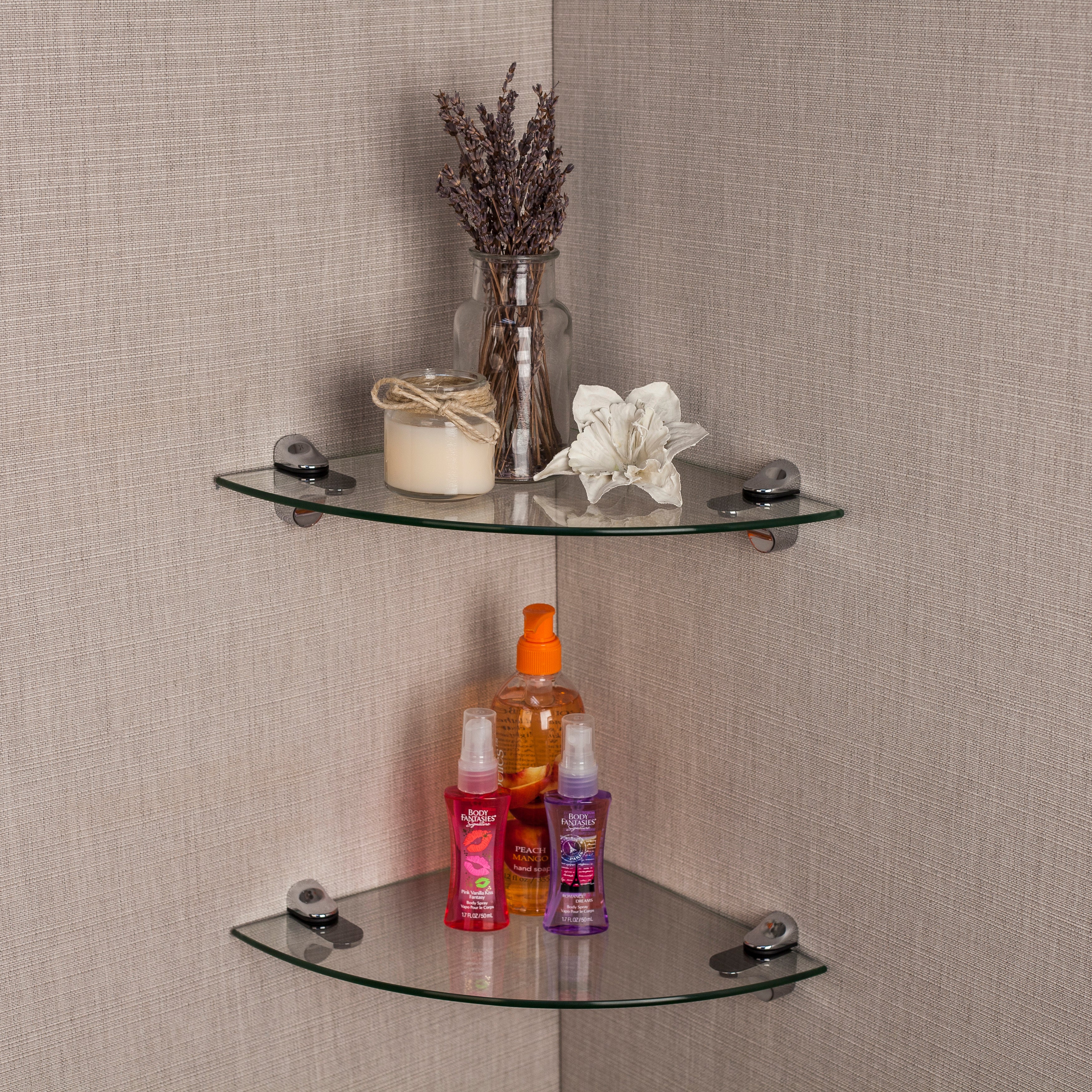Set of 2 Clear Glass Radial Floating Shelves with Chrome Brackets 10 x 10