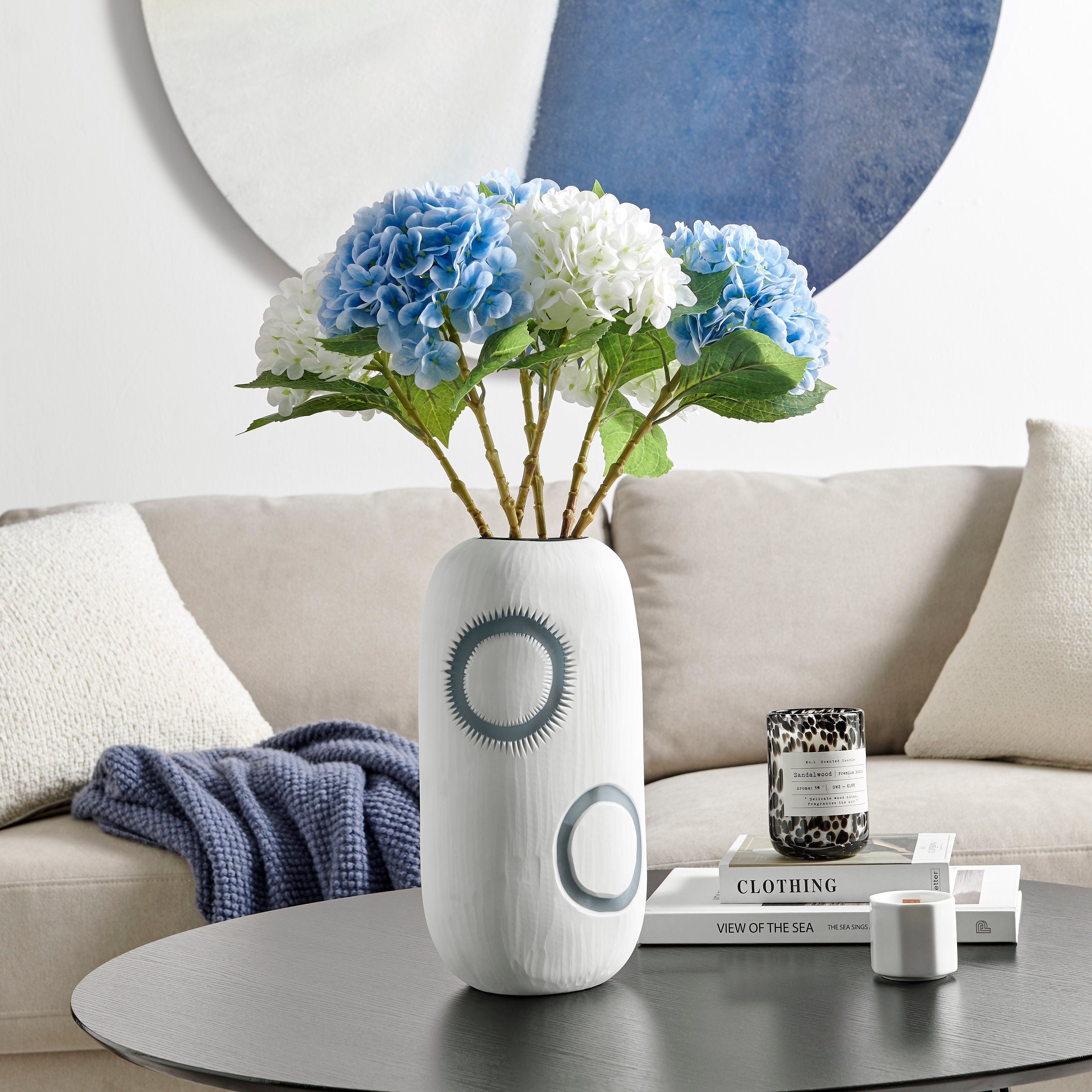 Elara Cylindrical Contemporary Matte White and Navy Oval Opening Glass Tabletop Vase