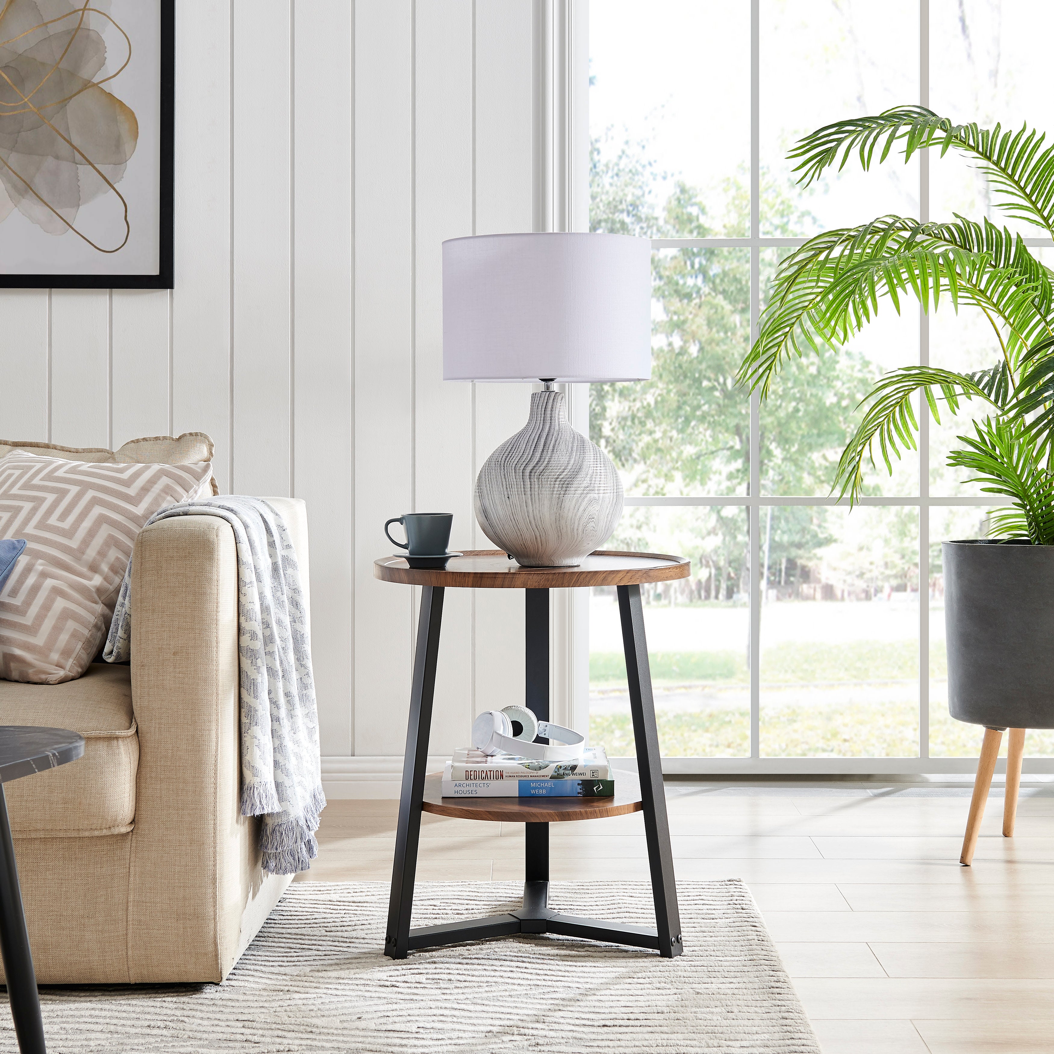Mason Round 2-Tier Side Accent Table with Raised Lip Edge Tabletop and Mid-century Modern Crossed Metal Bold Pedestal Legs