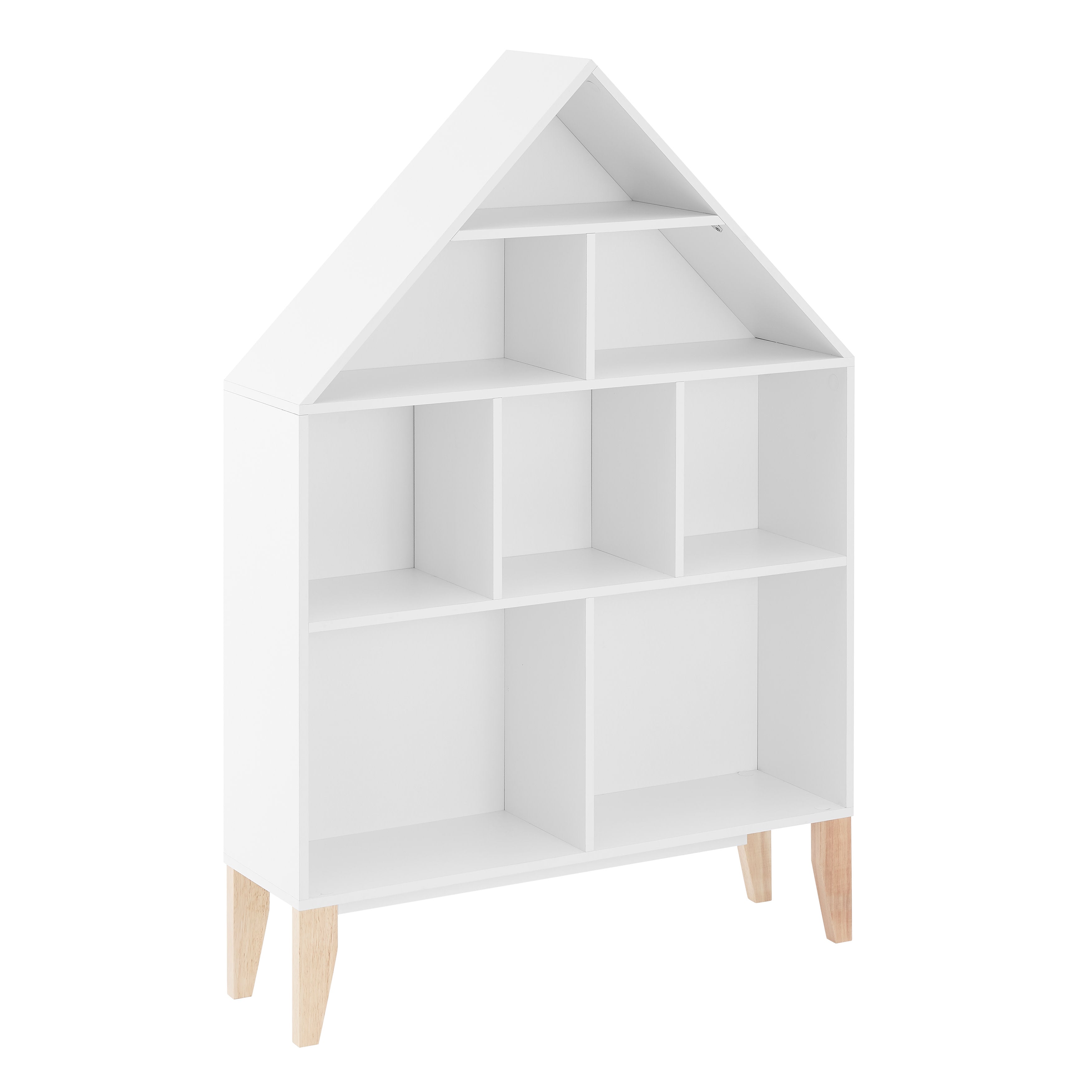 Steiner White Dollhouse 8-Compartment Kids Book or Toy Figure Display Unit Freestanding Bookshelf with Beech Legs