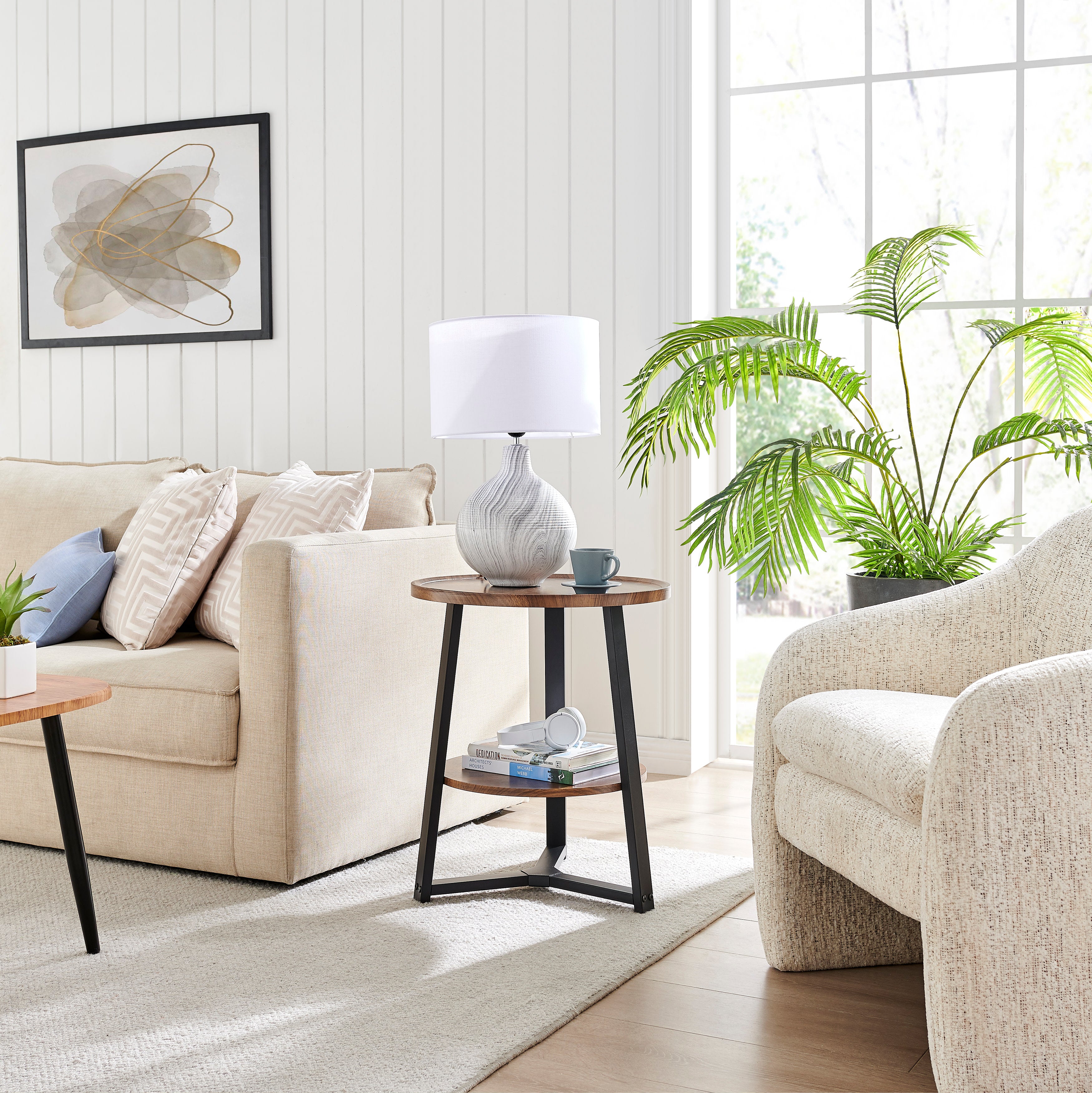 Mason Round 2-Tier Side Accent Table with Raised Lip Edge Tabletop and Mid-century Modern Crossed Metal Bold Pedestal Legs
