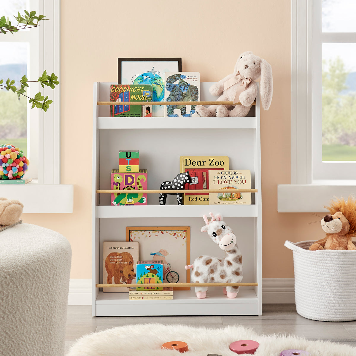 3 Tier Kids Book Shelf, White MDF & Pine Wood Storage Rack for Bedrooms, Playrooms, and Classrooms