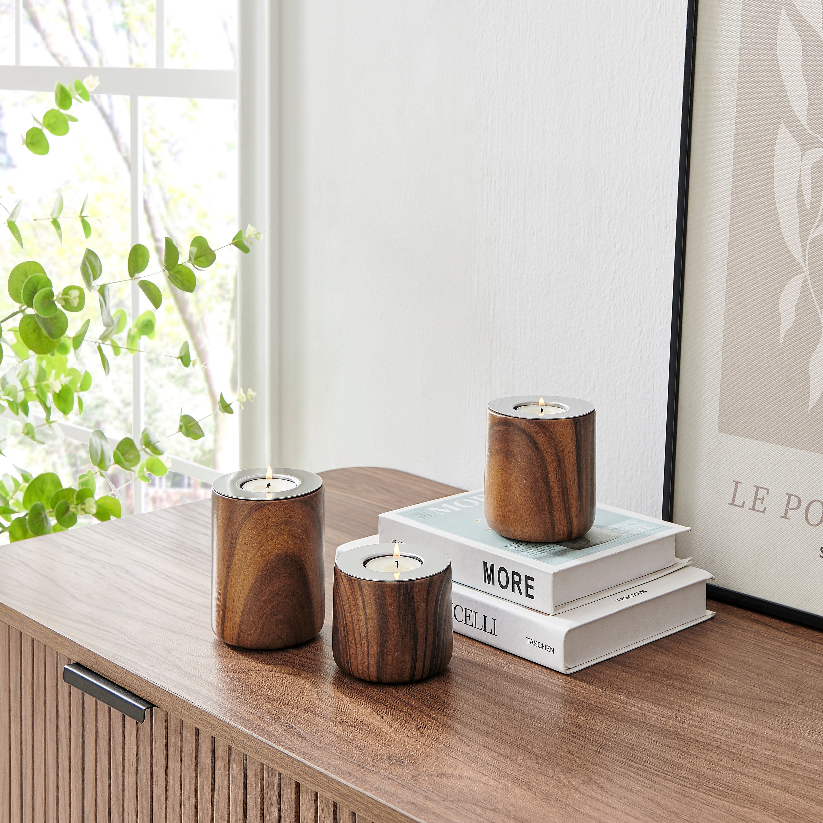 Hemming Modern Walnut Finish Three Piece Tealight Candle Holder Tabletop Decor Set