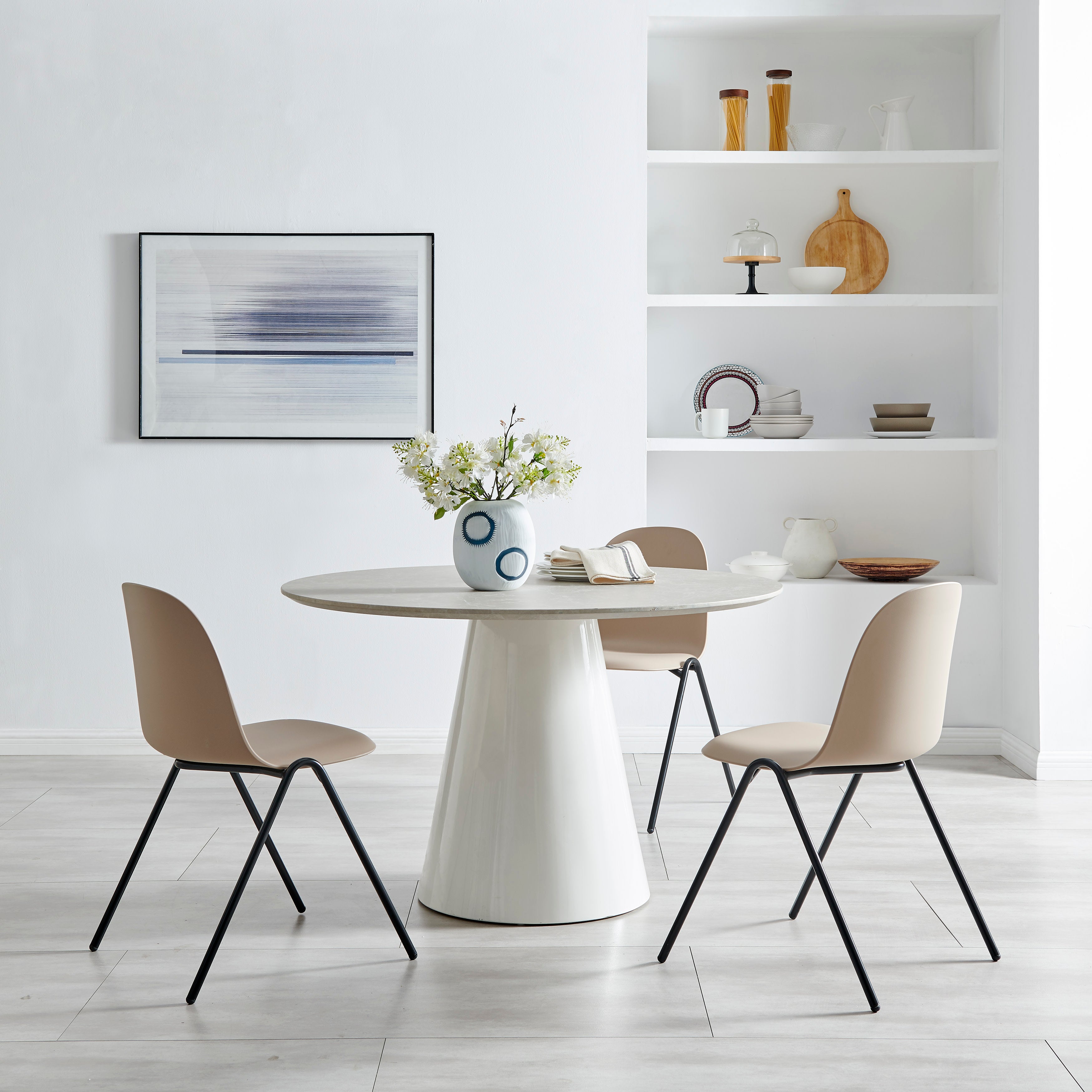 Elara Round Contemporary Matte White and Navy Oval Opening Glass Tabletop Vase