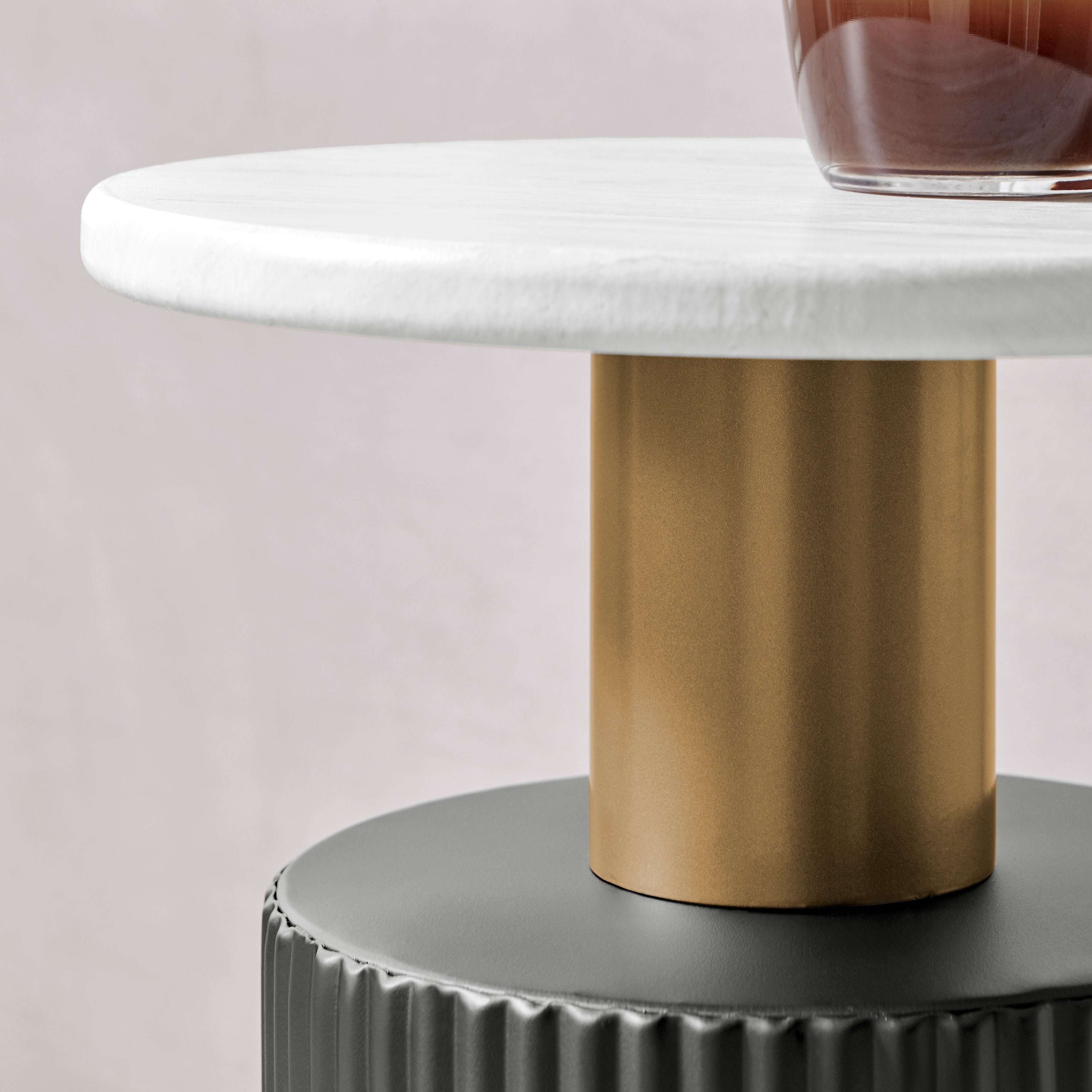 Fritz Midcentury Modern Column Side Accent Table with Textured Black Base Gold Metal Column Accents and Faux Marble Laminate Tabletop