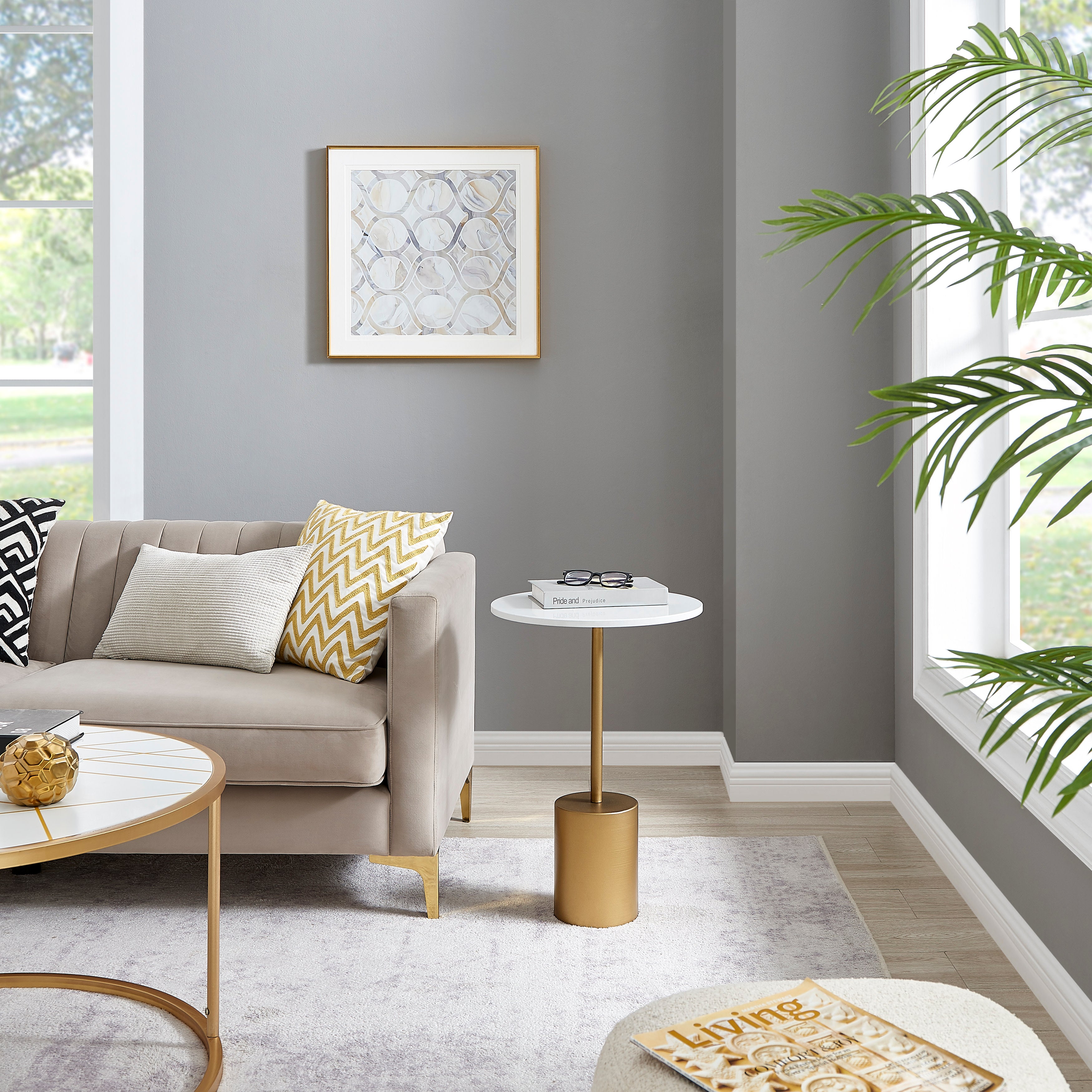 Fritz Midcentury Modern Pedestal Side Accent Table with Gold Metal Base and Genuine White Marble Stone Tabletop