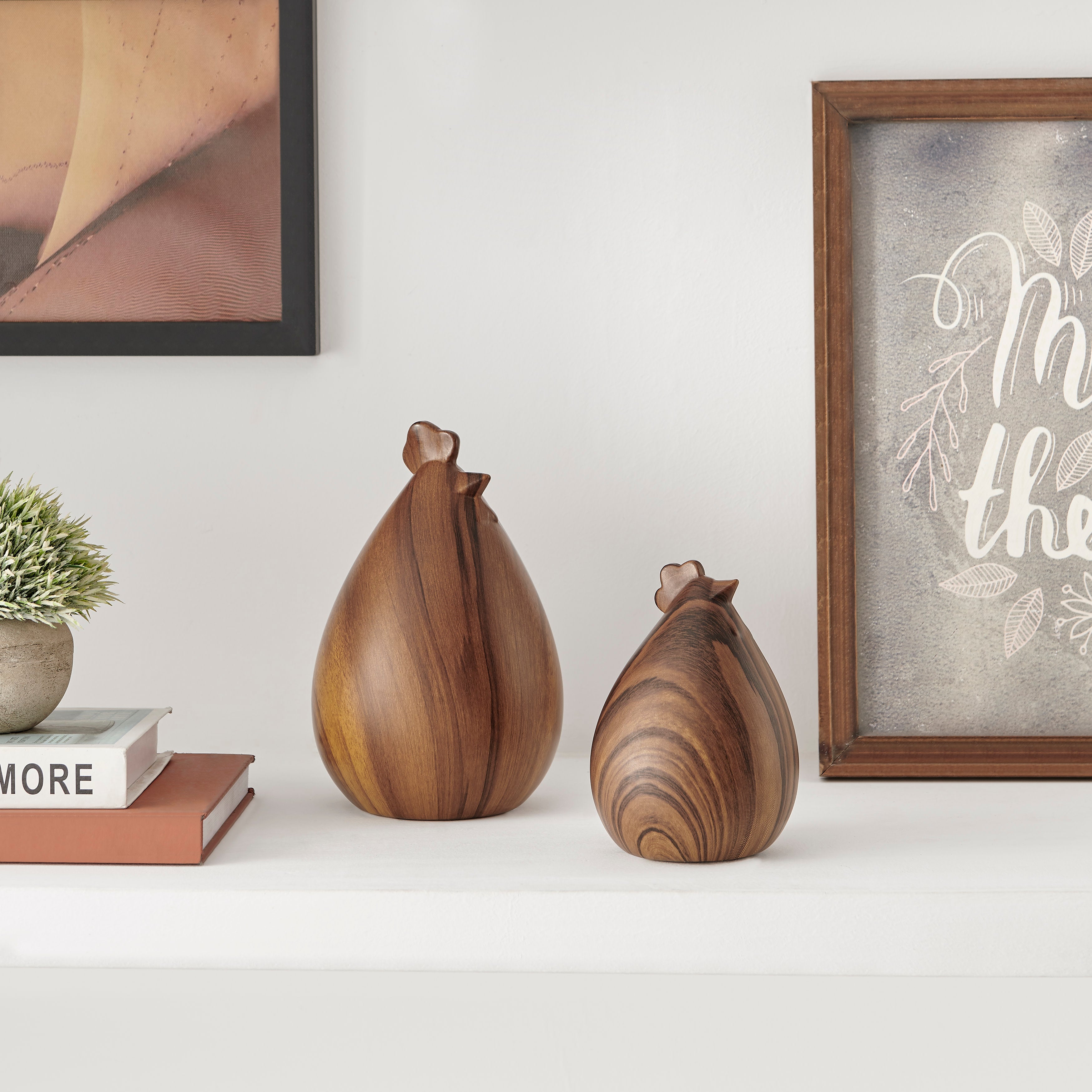 Hona Set of 2 Modern Abstract Walnut Finish Tabletop Hen Chicken Sculpture Figures