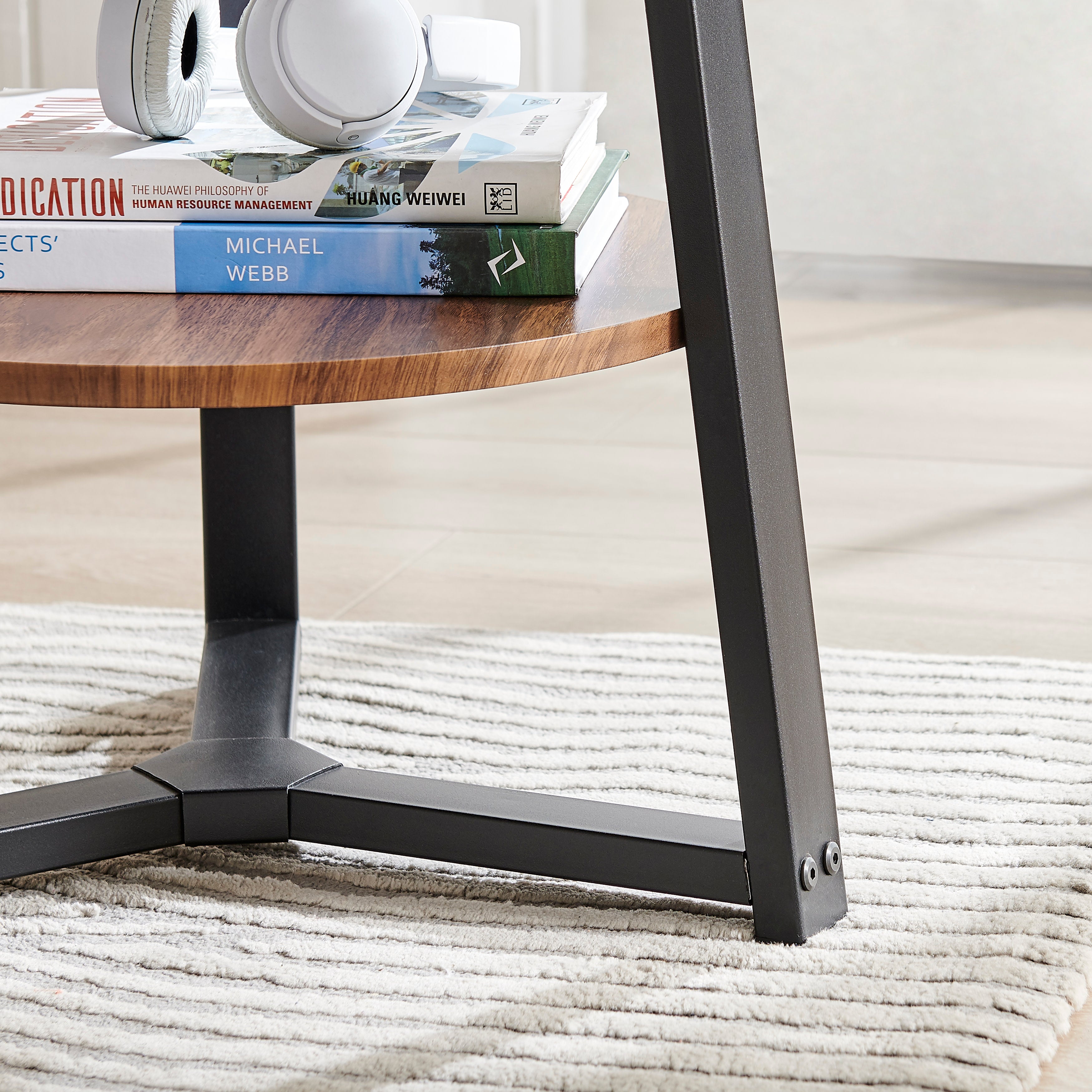 Mason Round 2-Tier Side Accent Table with Raised Lip Edge Tabletop and Mid-century Modern Crossed Metal Bold Pedestal Legs