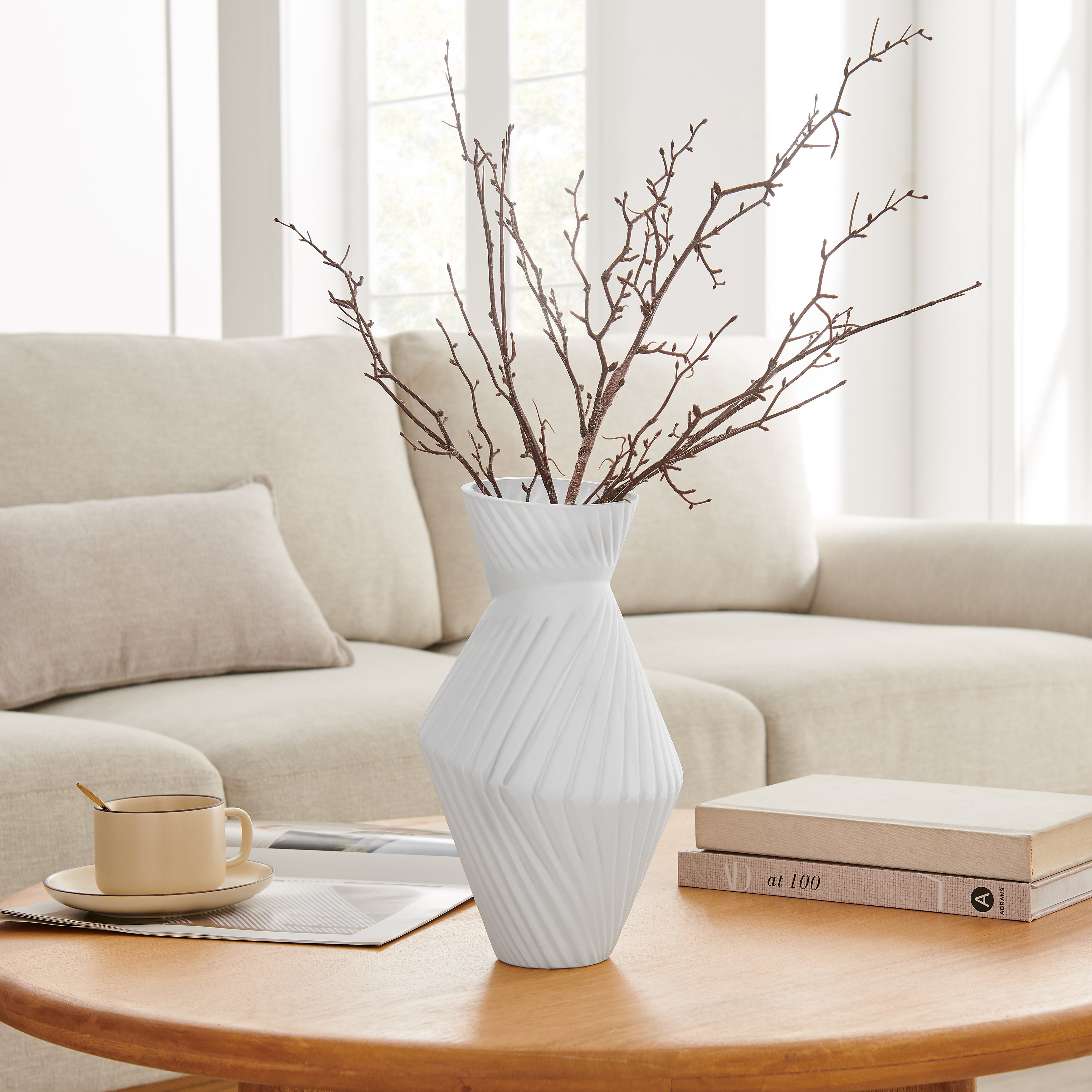 Eos Minimal White Contemporary Ribbed Angular Glass Tabletop Vase