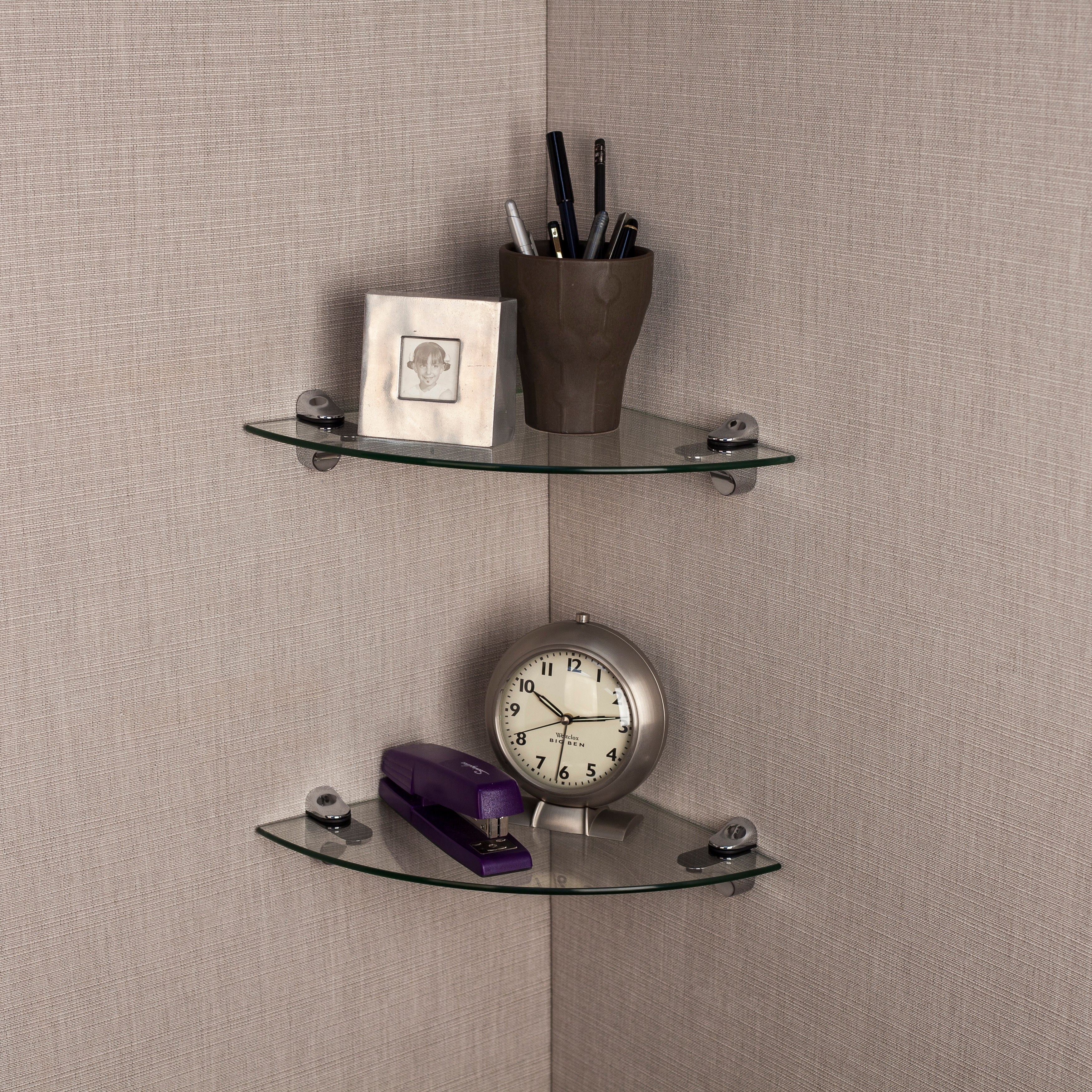 Set of 2 Clear Glass Radial Floating Shelves with Chrome Brackets 10 x 10